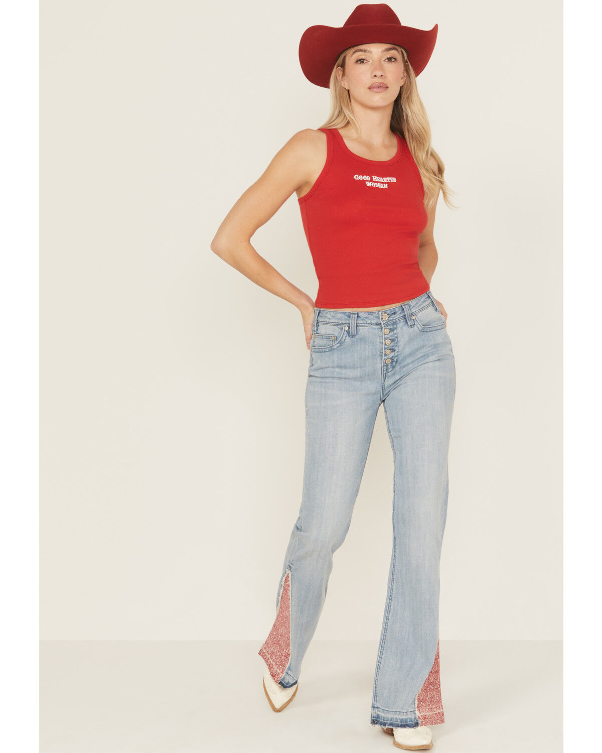 Women's Rock & Roll Denim Button Bandana Hem Trousers