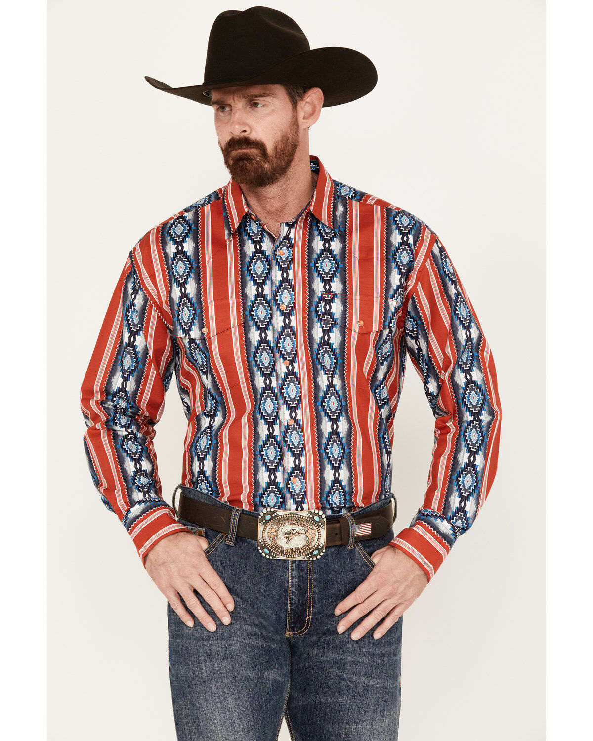 Men's Wrangler Southwestern Print Long Sleeve Pearl Snap Western Shirt