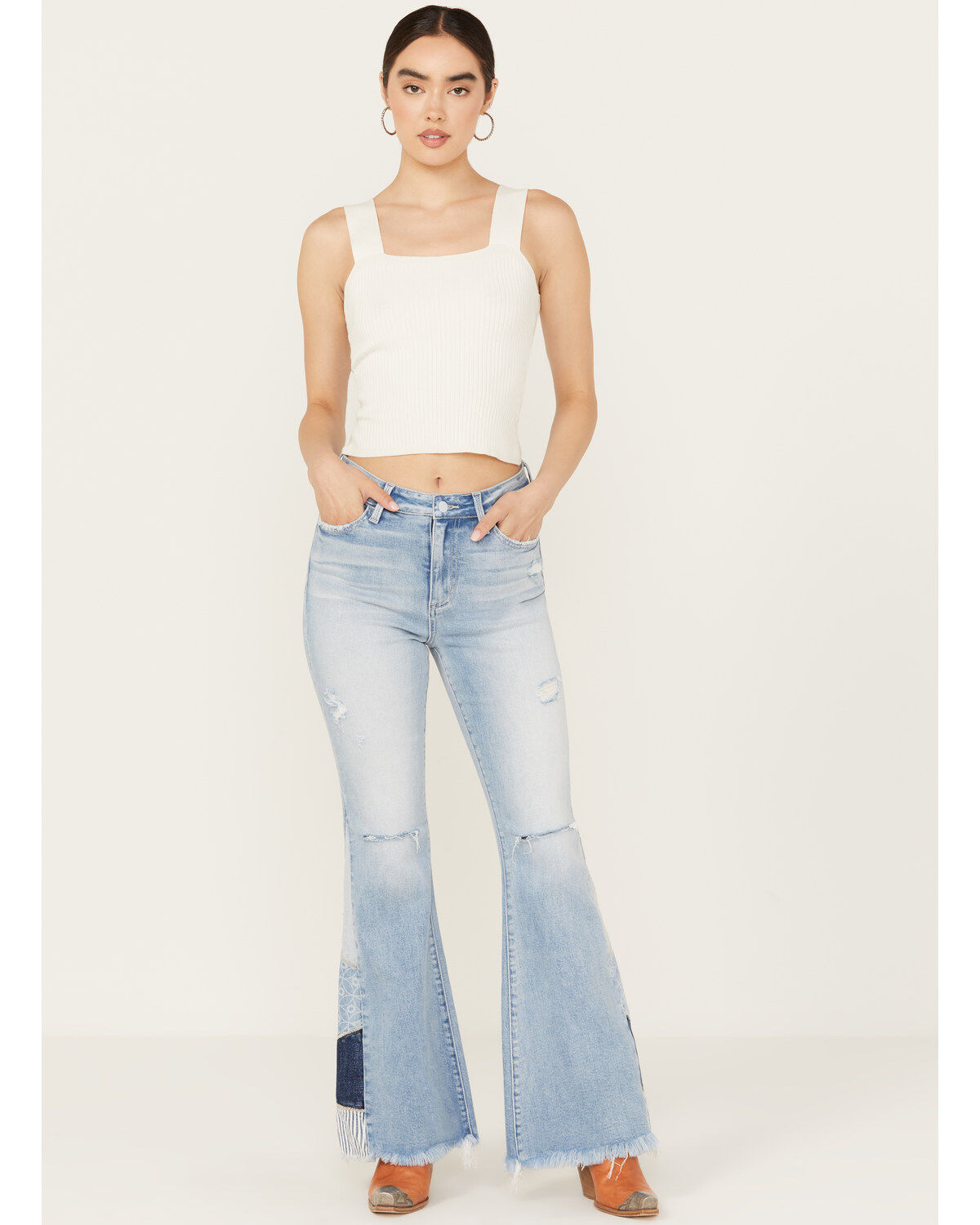 Women's Ceros Light Wash High Rise Destructed Patchwork Flare Stretch