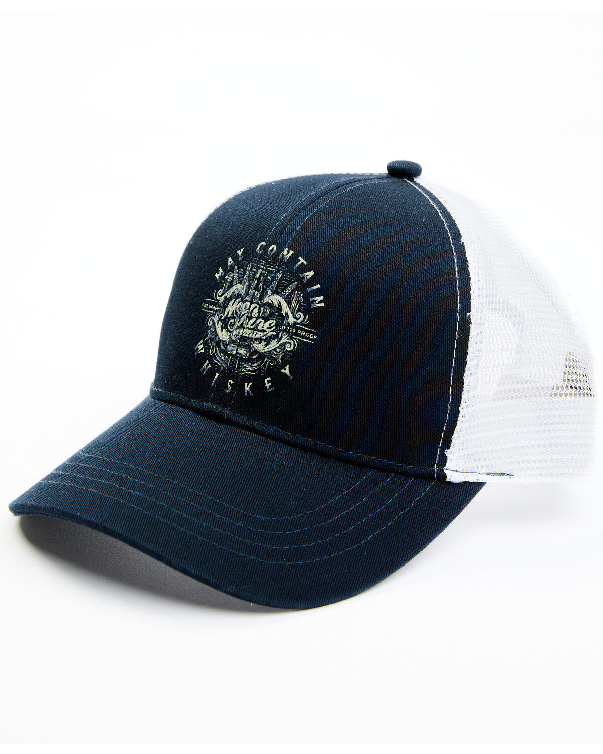 Men's Moonshine Spirit May Contain Whiskey Circle Graphic Mesh-Back Ba