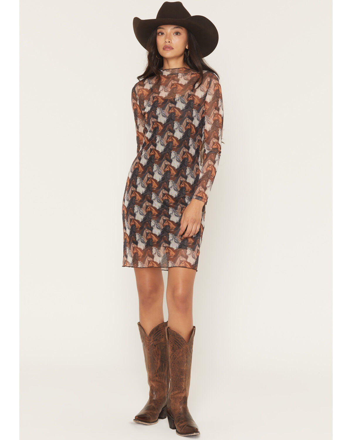 Women's Rock & Roll Denim Horse Print Long Sleeve Mesh Mini Dress