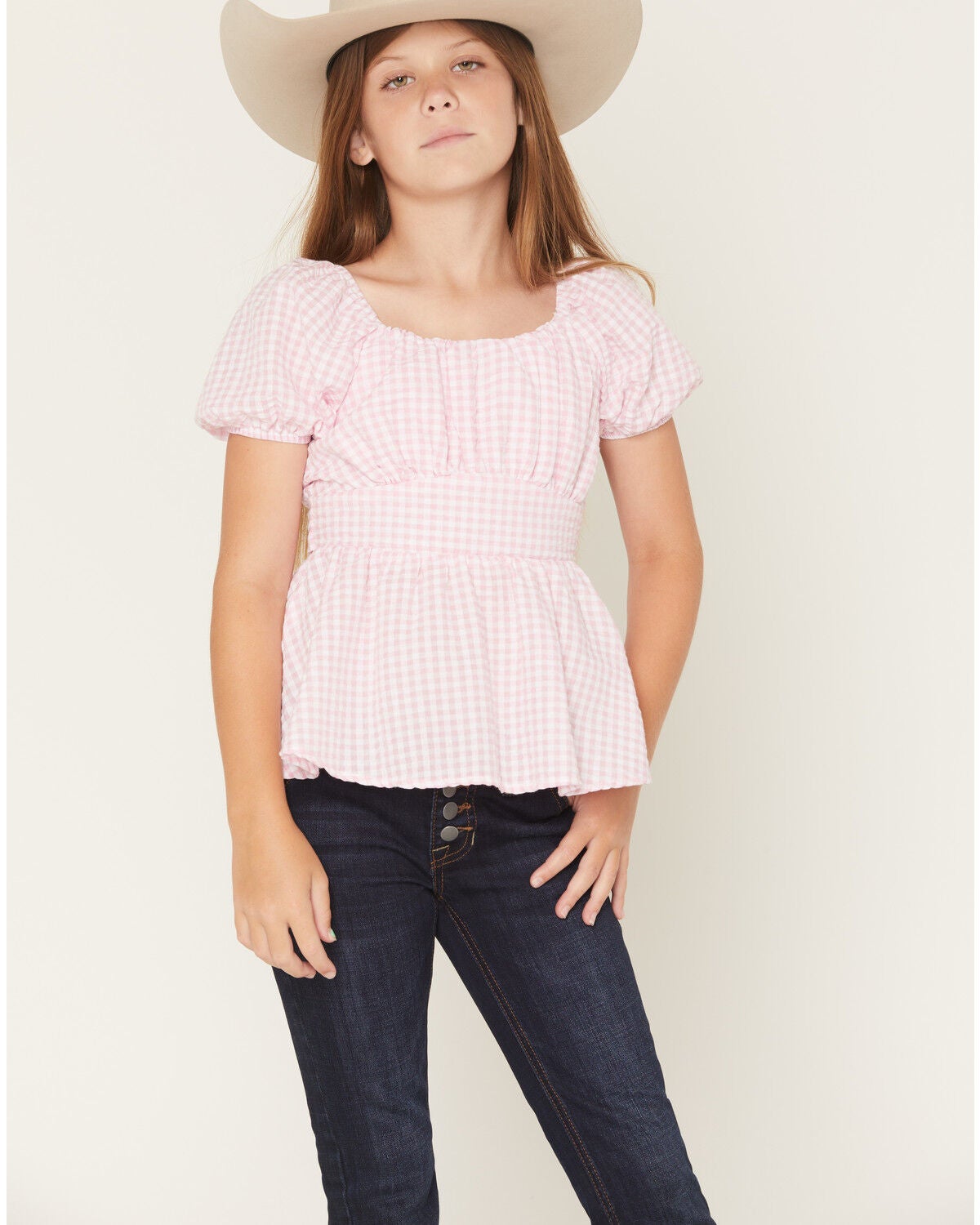 Girls' Originality Emma Gingham Short Puff Sleeve Ruffle Shirt
