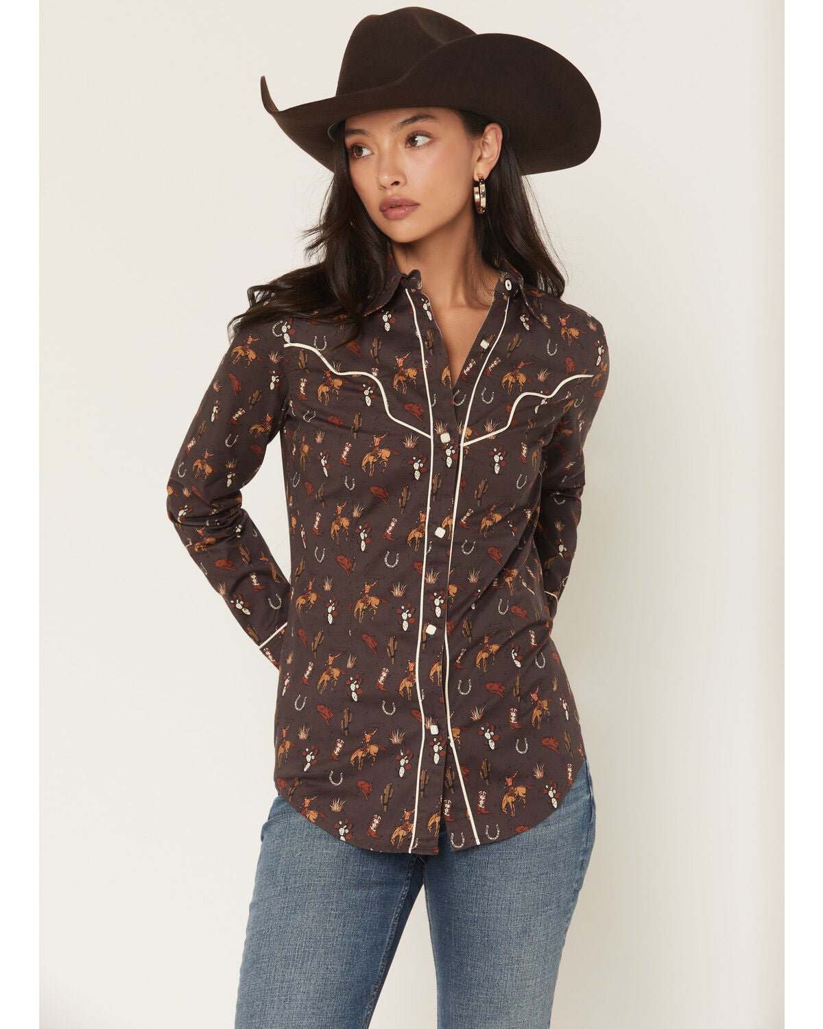 Women's Rock & Roll Denim Western Conversation Print Long Sleeve Snap