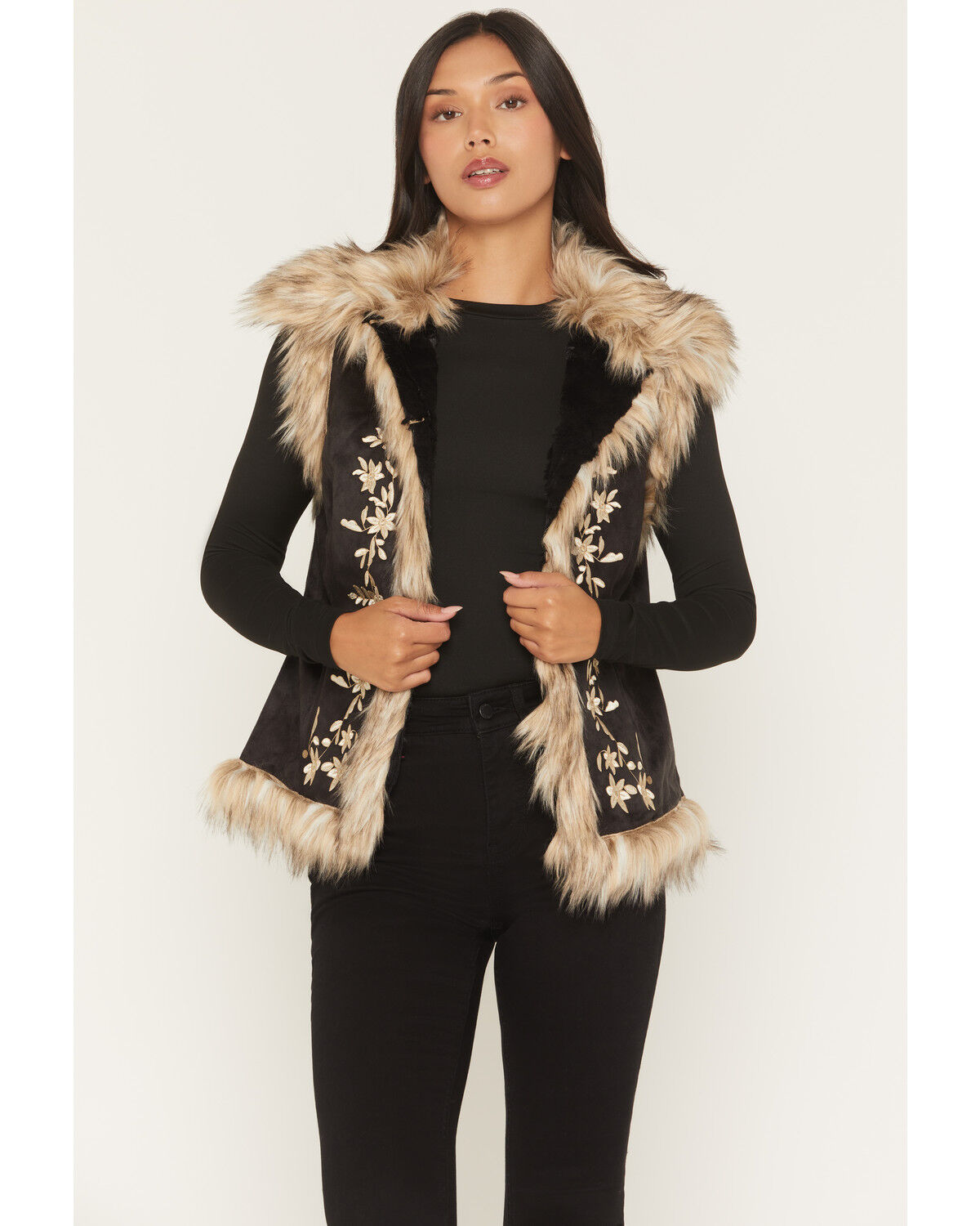 Women's Tasha Polizzi Chateau Faux Fur Trim Floral Embroidered Vest