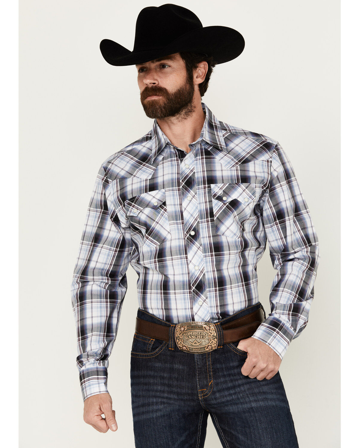 Men's Wrangler Retro Plaid Print Long Sleeve Snap Western Shirt