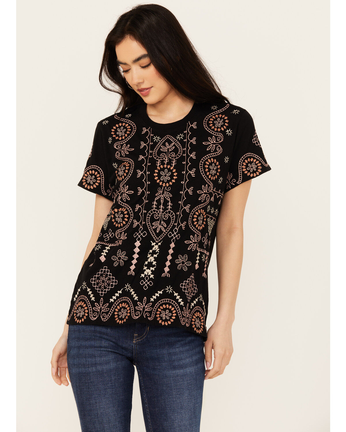 Women's Johnny Was Geo Print Embroidered Short Sleeve Tee