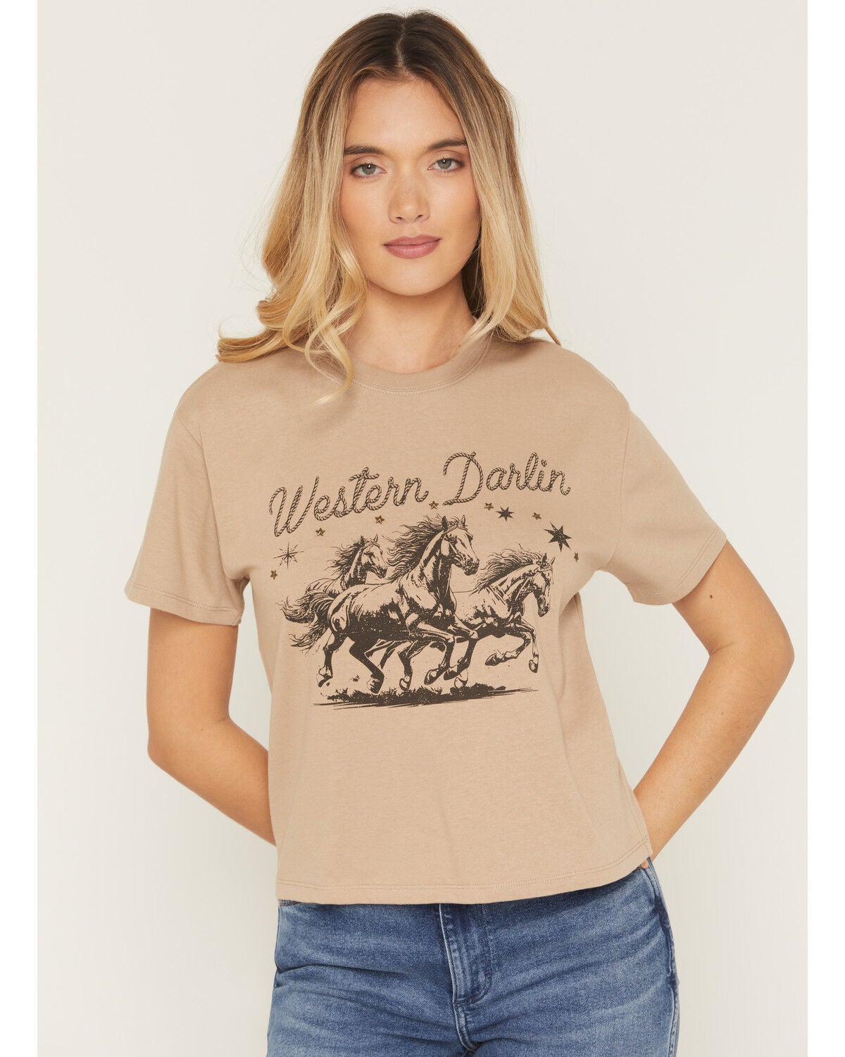 Women's Blended Rope Stitch Horse Short Sleeve Graphic Tee