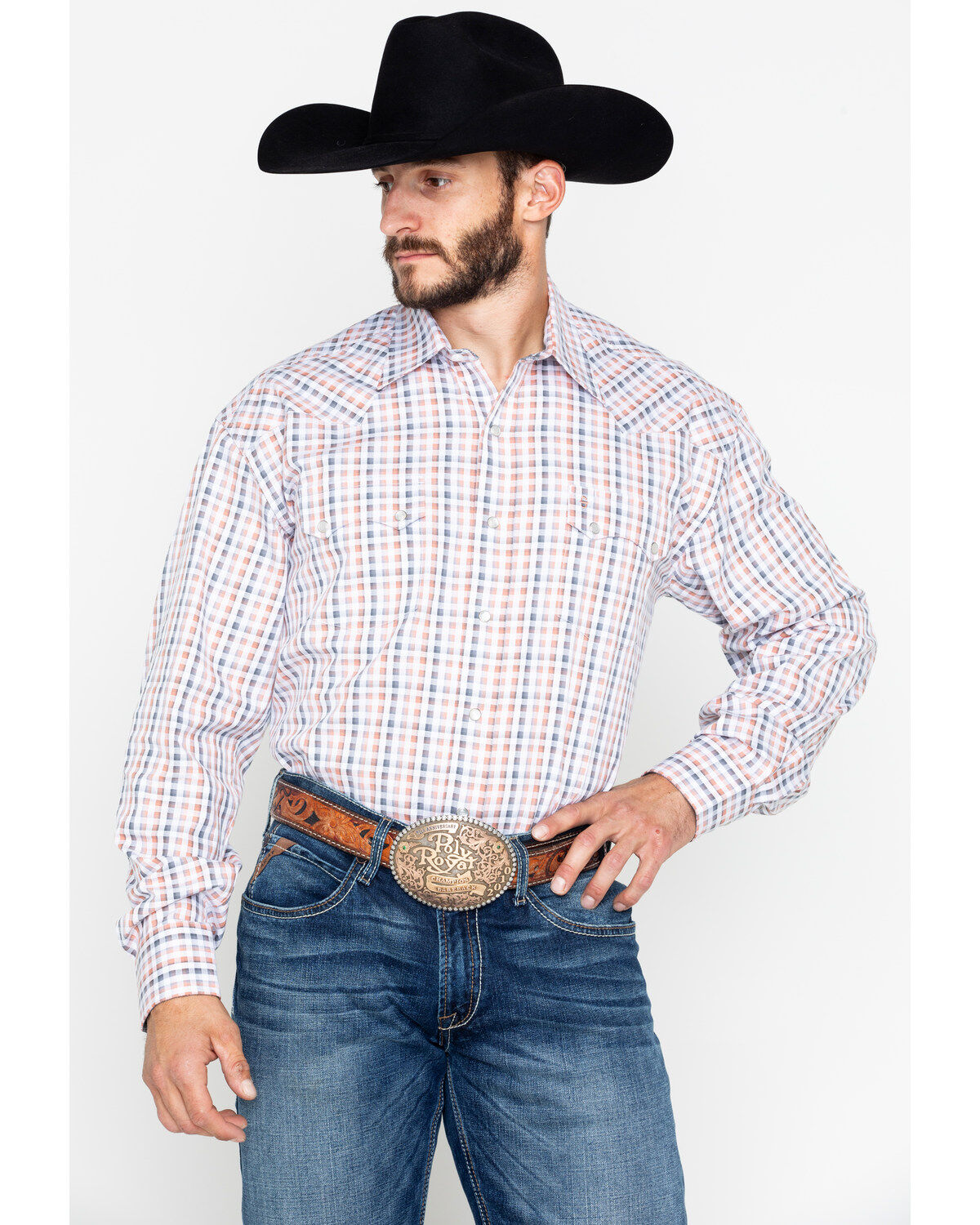 Men's Stetson Small Plaid Print Snap Long Sleeve Western Shirt