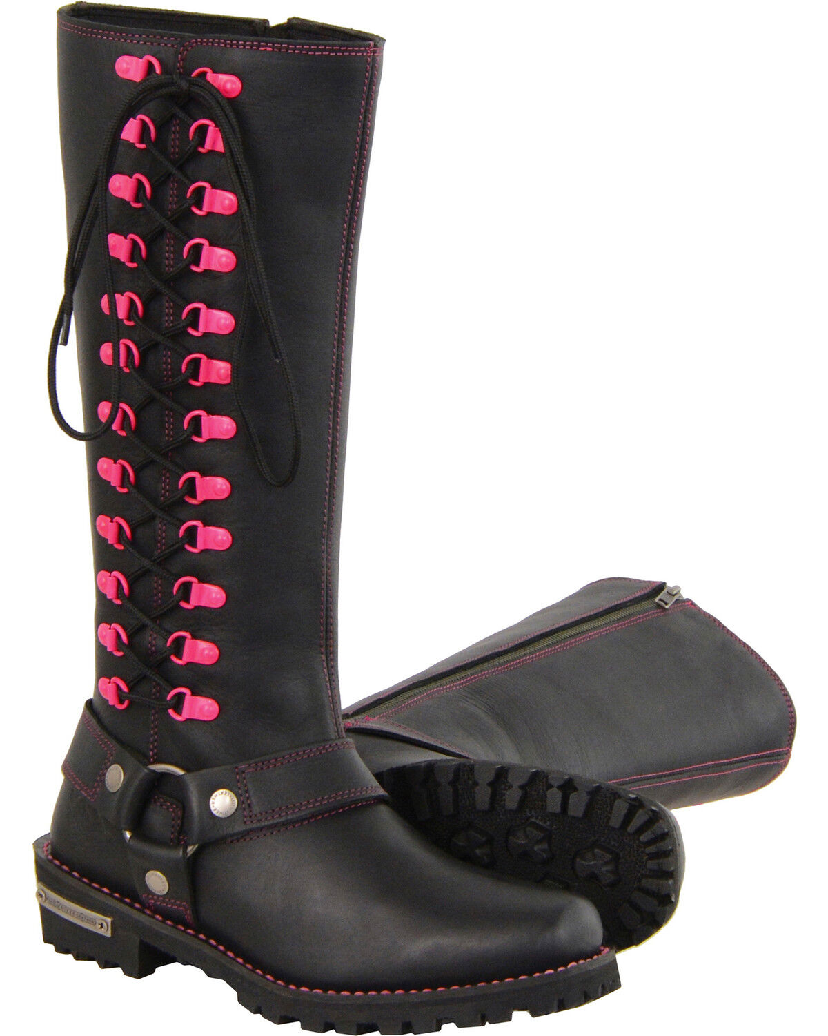 Women's Milwaukee Leather 14" Fuchsia Accent Lacing Boots - Square Toe