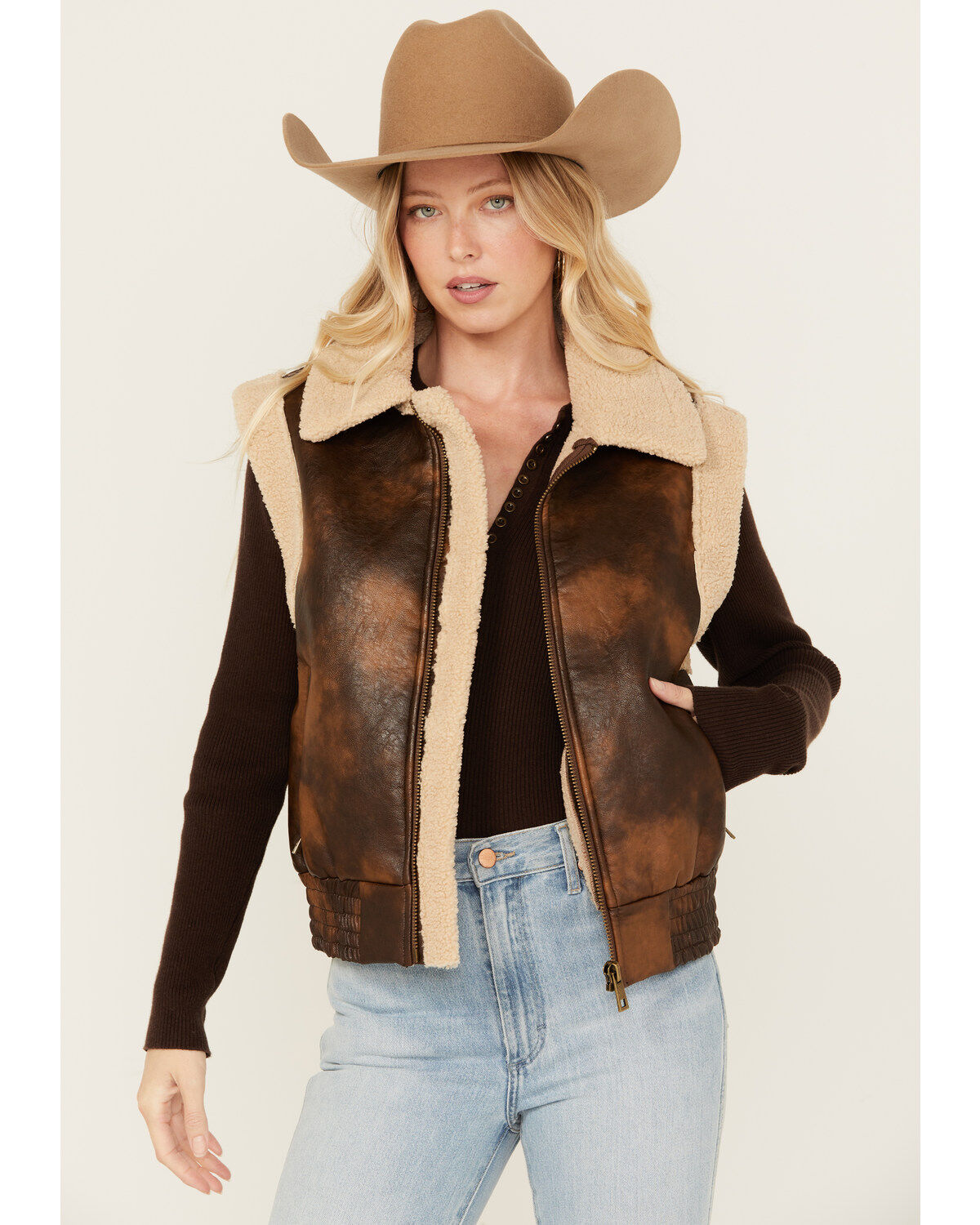 Women's 26 International Faux Leather Aviator Sherpa Vest