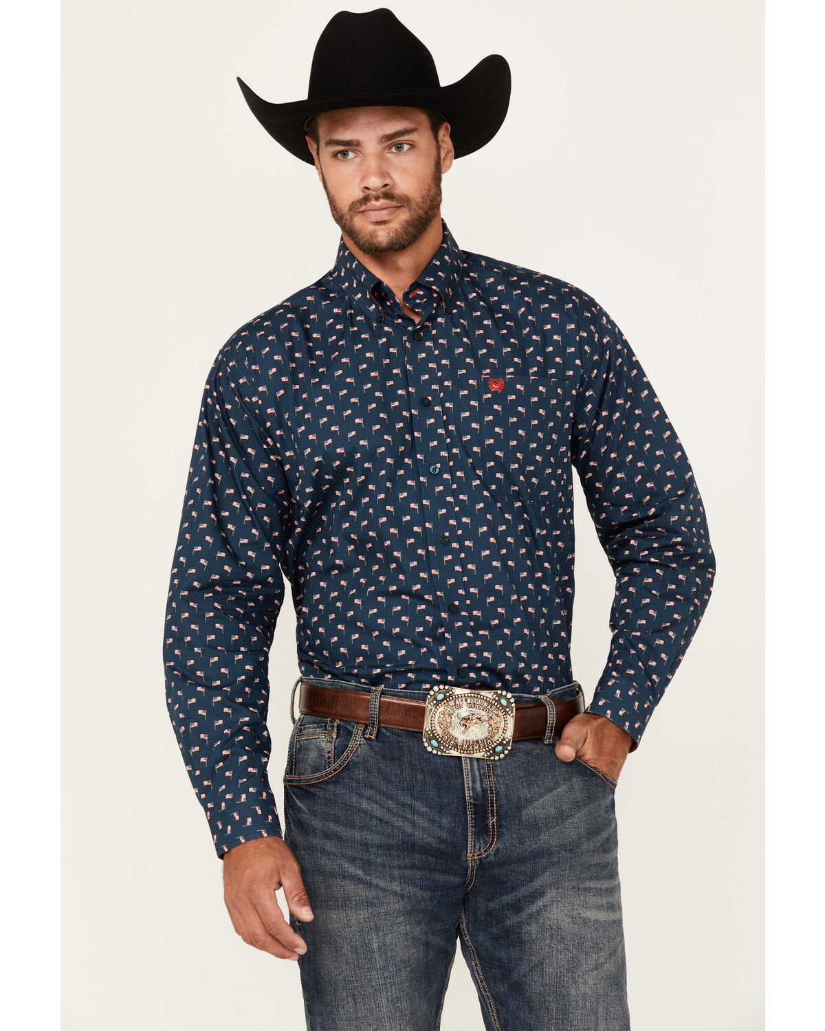 Men's Cinch Mini American Flag Print Long Sleeve Button-Down Western S