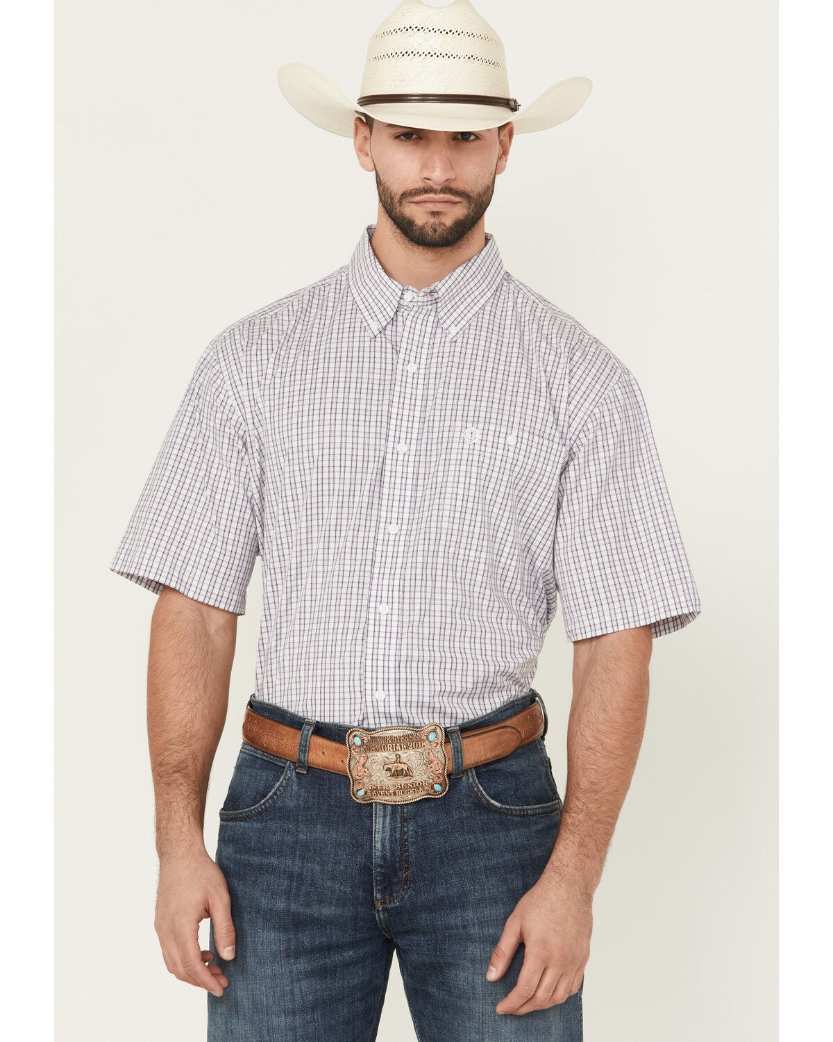 Men's Wrangler George Strait by Plaid Print Short Sleeve Button-Down S