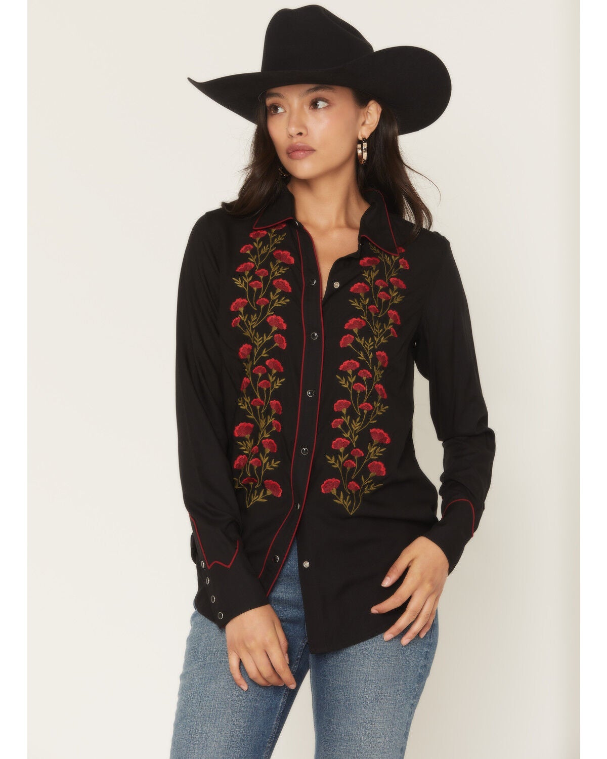 Women's Rock & Roll Denim Floral Embroidered Retro Snap Western Shirt