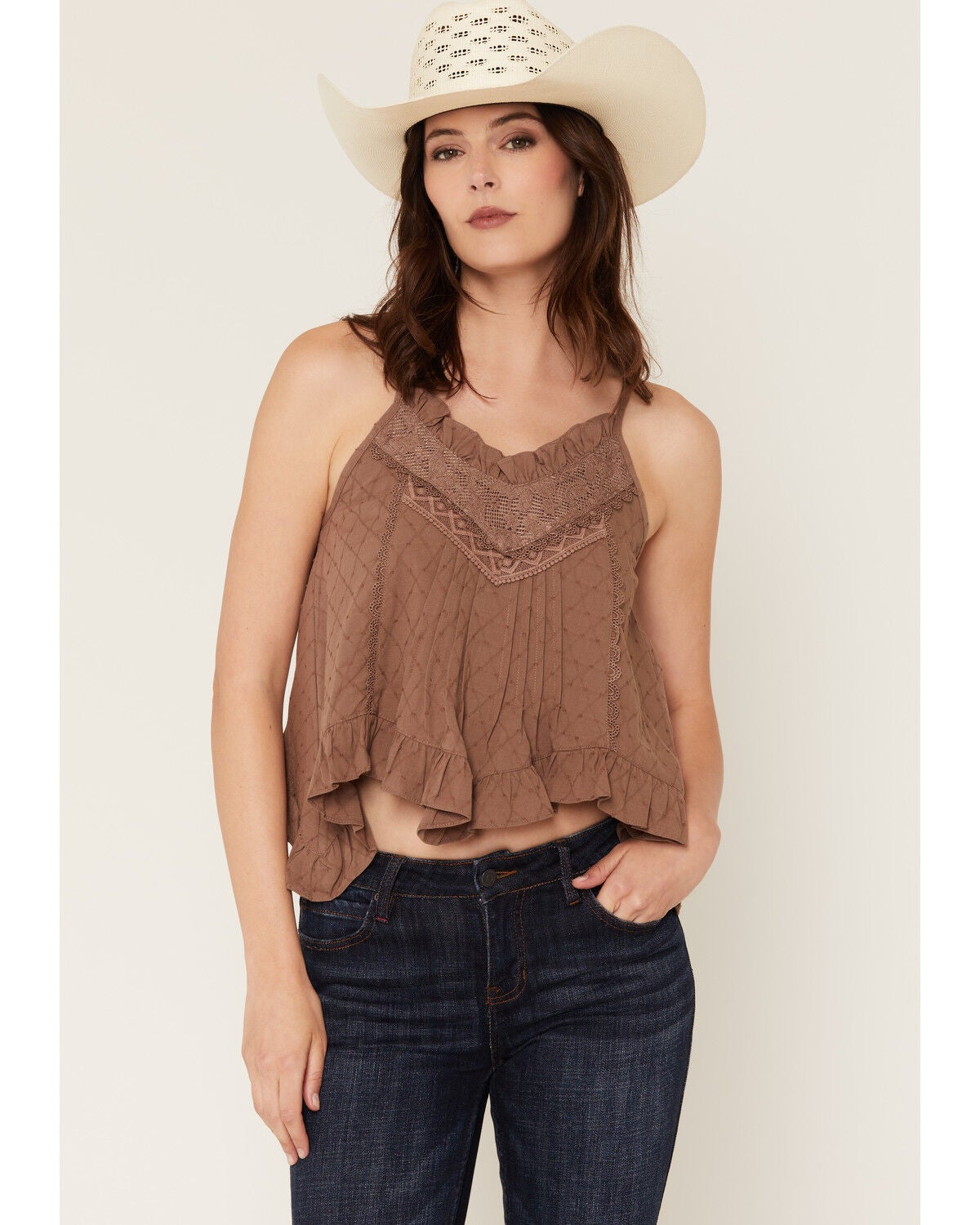Women's Miss Me Pleated Lace Trim Hanky Hem Top