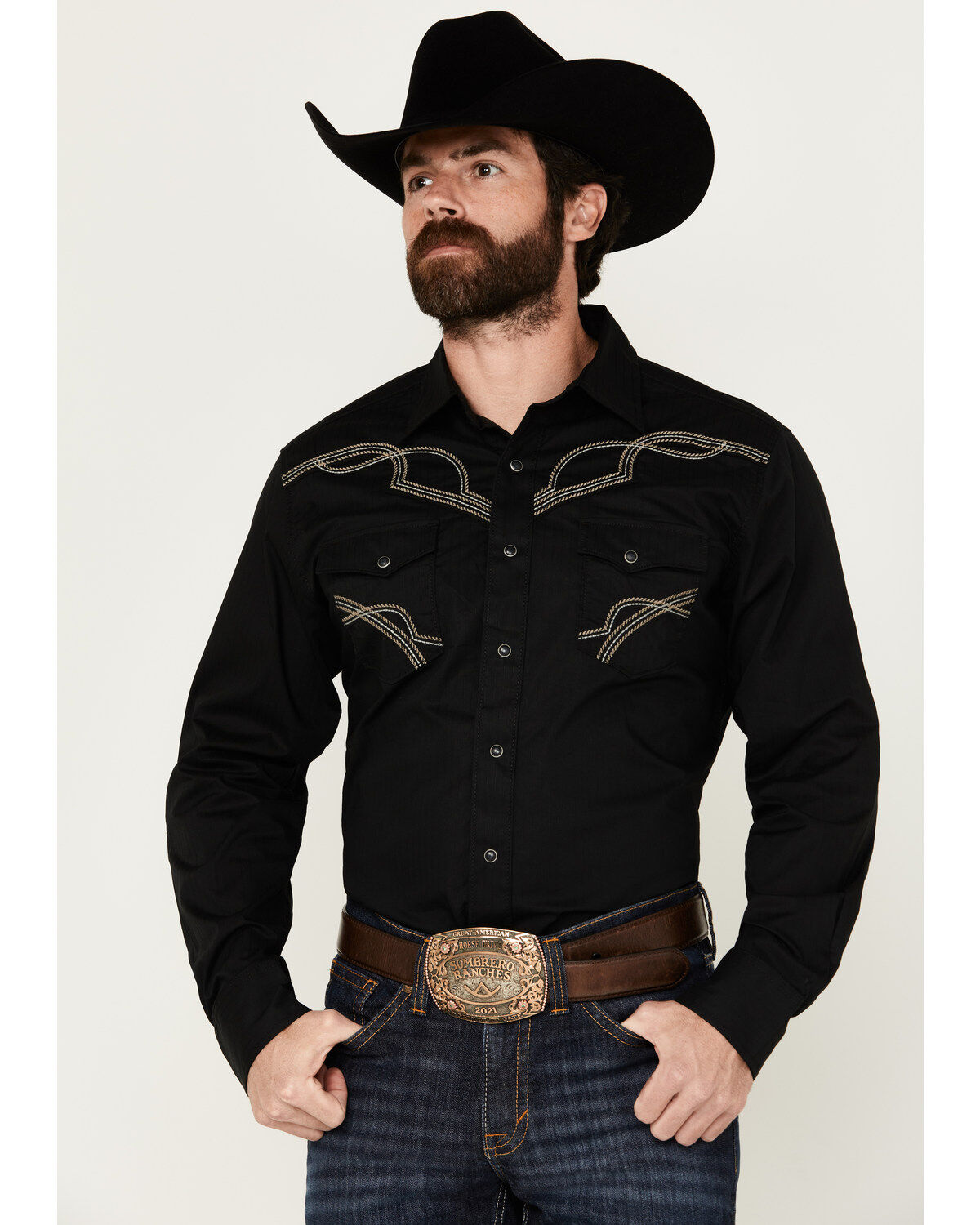 Men's Wrangler Rock 47 by Long Sleeve Embroidered Snap Western Shirt