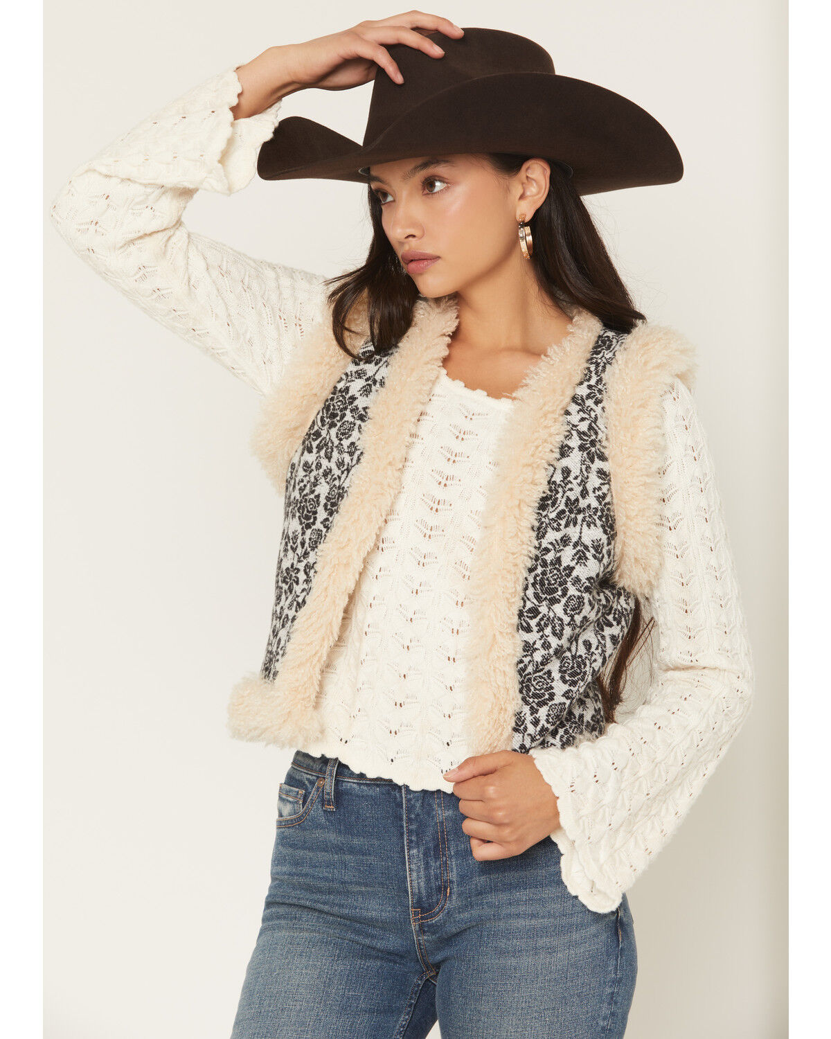 Women's Rock & Roll Denim Faux Fur Lined Floral Fashion Vest