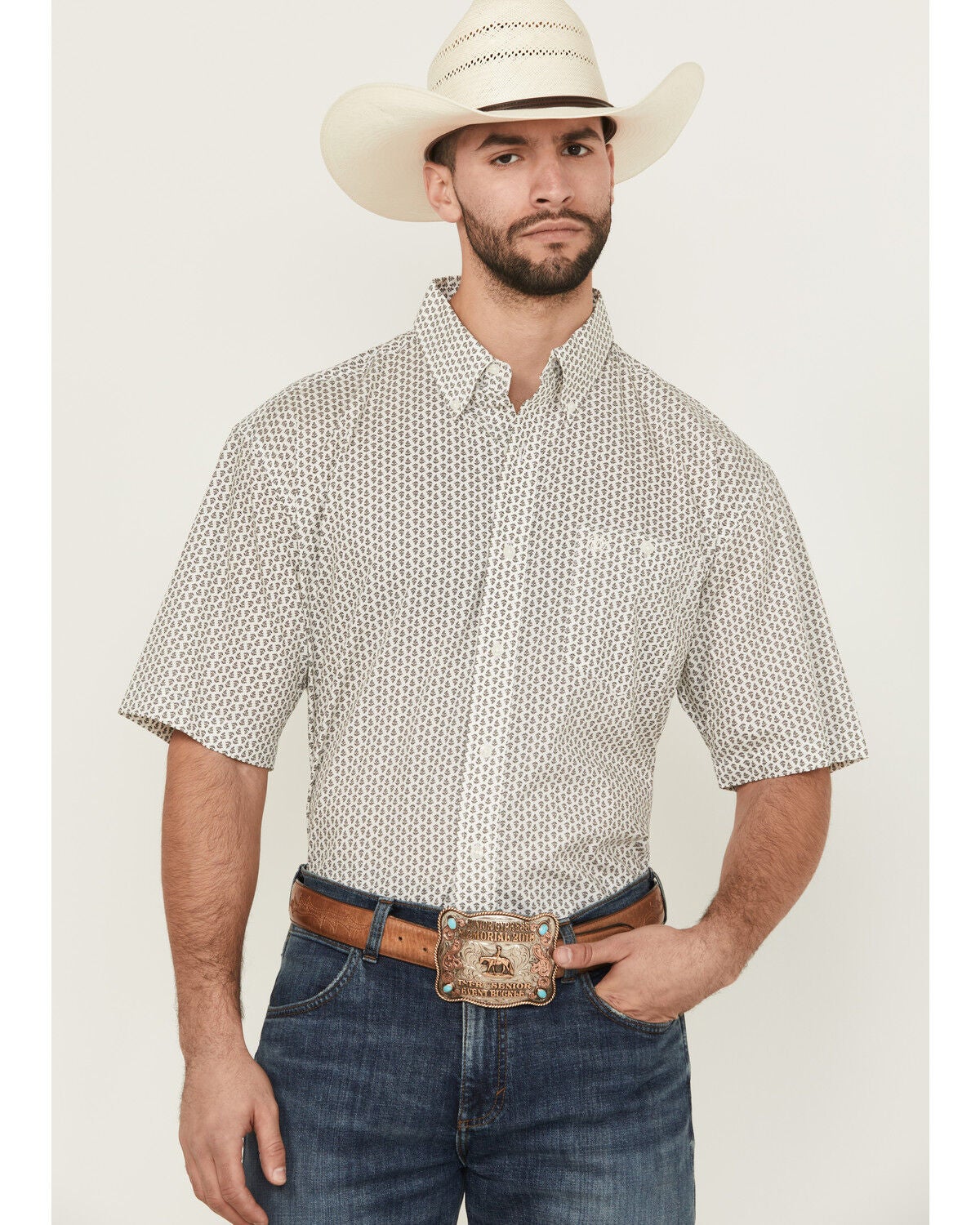 Men's Wrangler Geo Print Short Sleeve Button-Down Stretch Western Shir