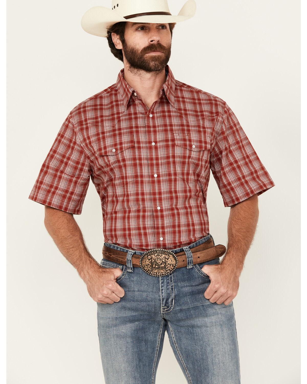 Men's Wrangler Plaid Print Short Sleeve Snap Stretch Western Shirt
