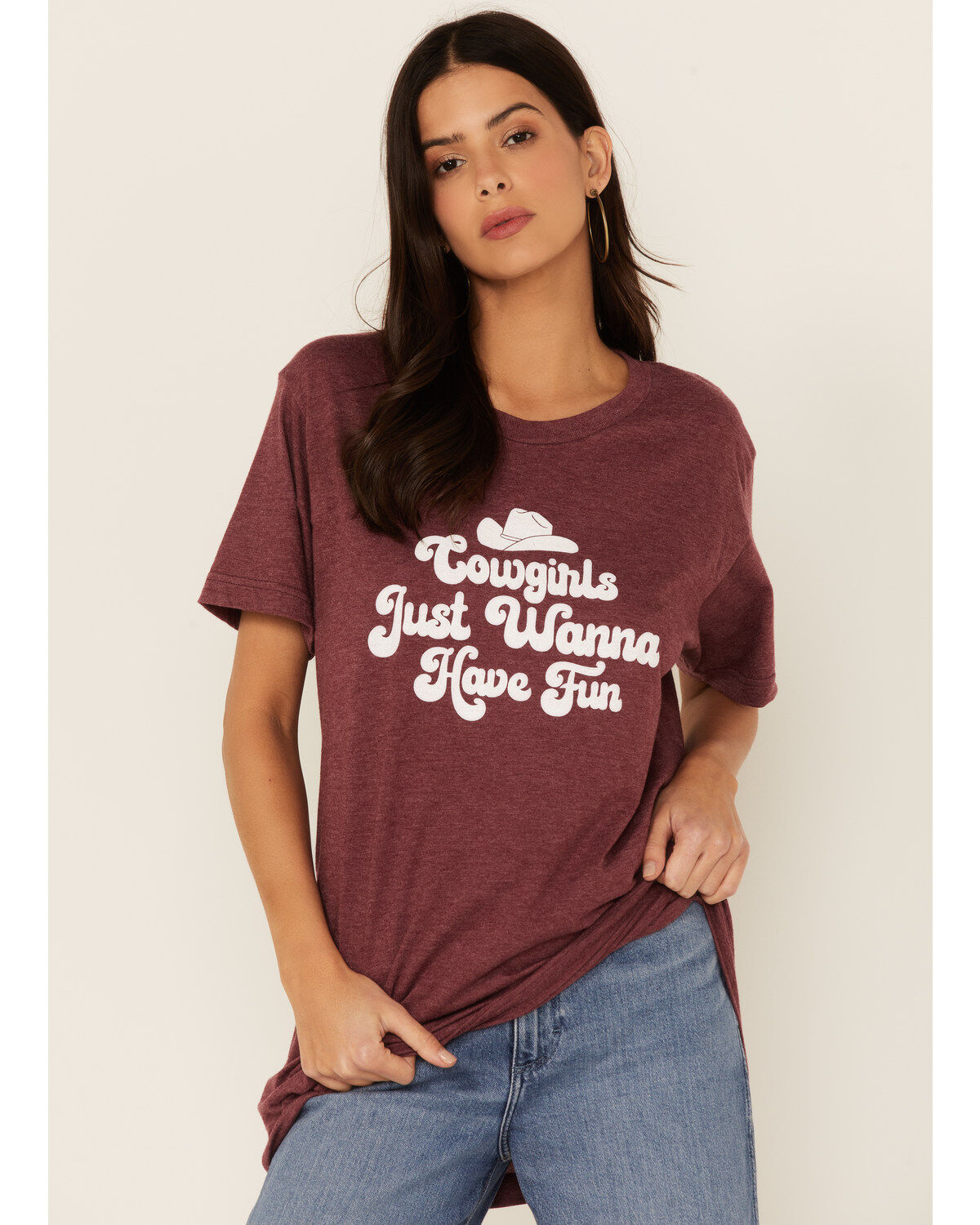 Women's Ali Dee Burgundy Cowgirls Just Wanna Have Fun Graphic Tee