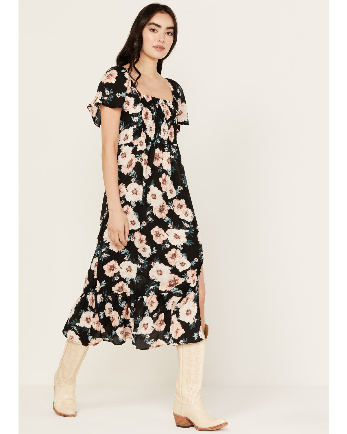 Women's Wild Moss Smocked Front Floral Midi Dress
