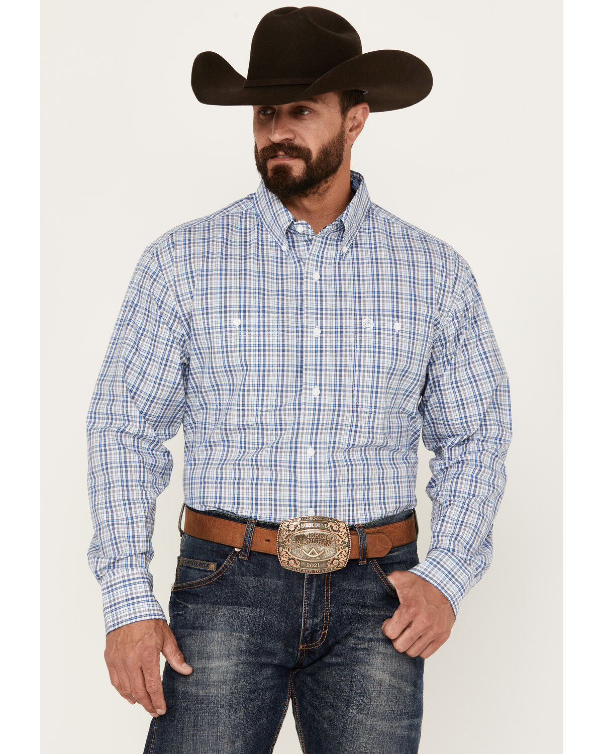 Men's Wrangler George Strait by Plaid Print Long Sleeve Button-Down We