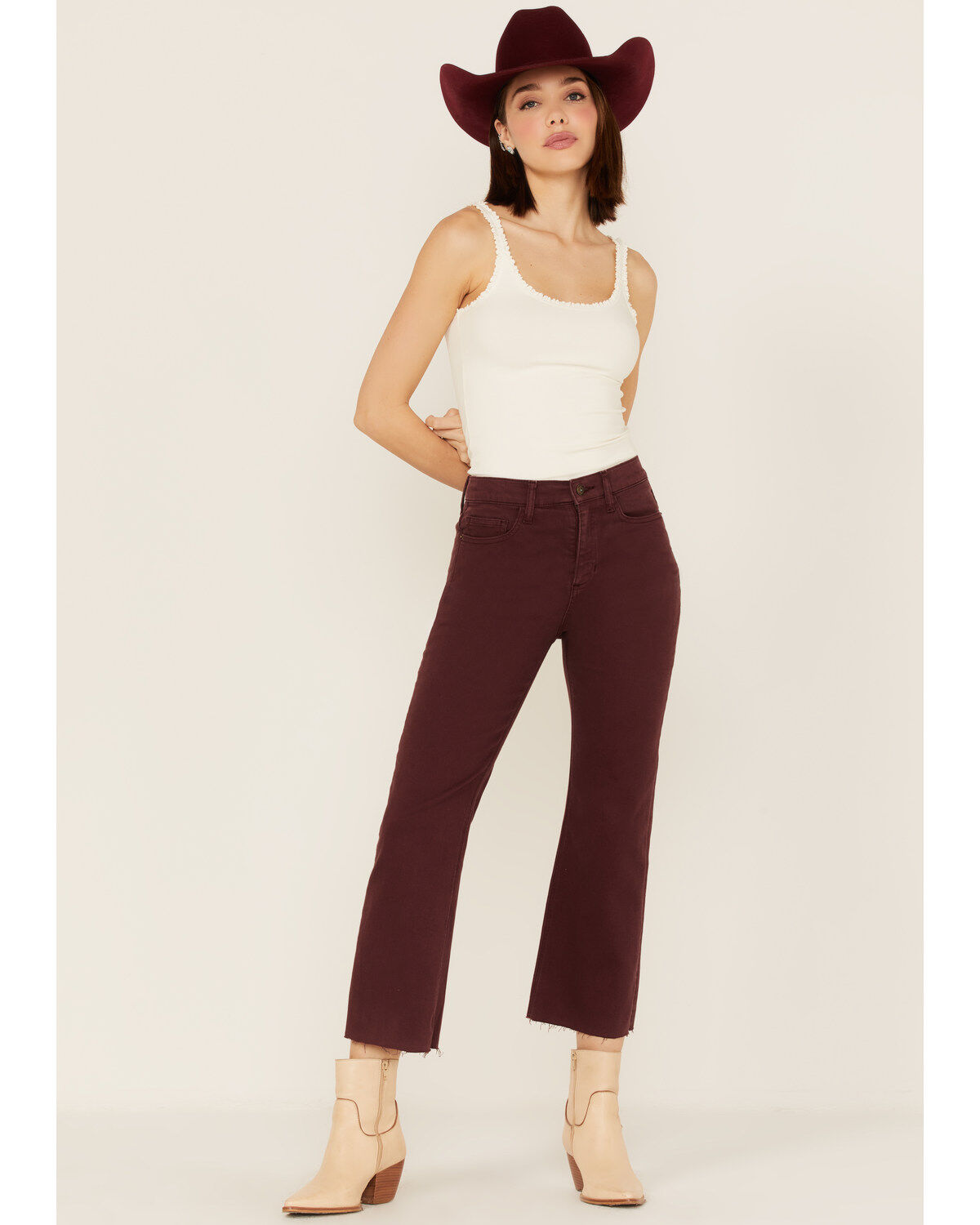 Women's Sneak Peek Plum Raw Hem Crop Jeans