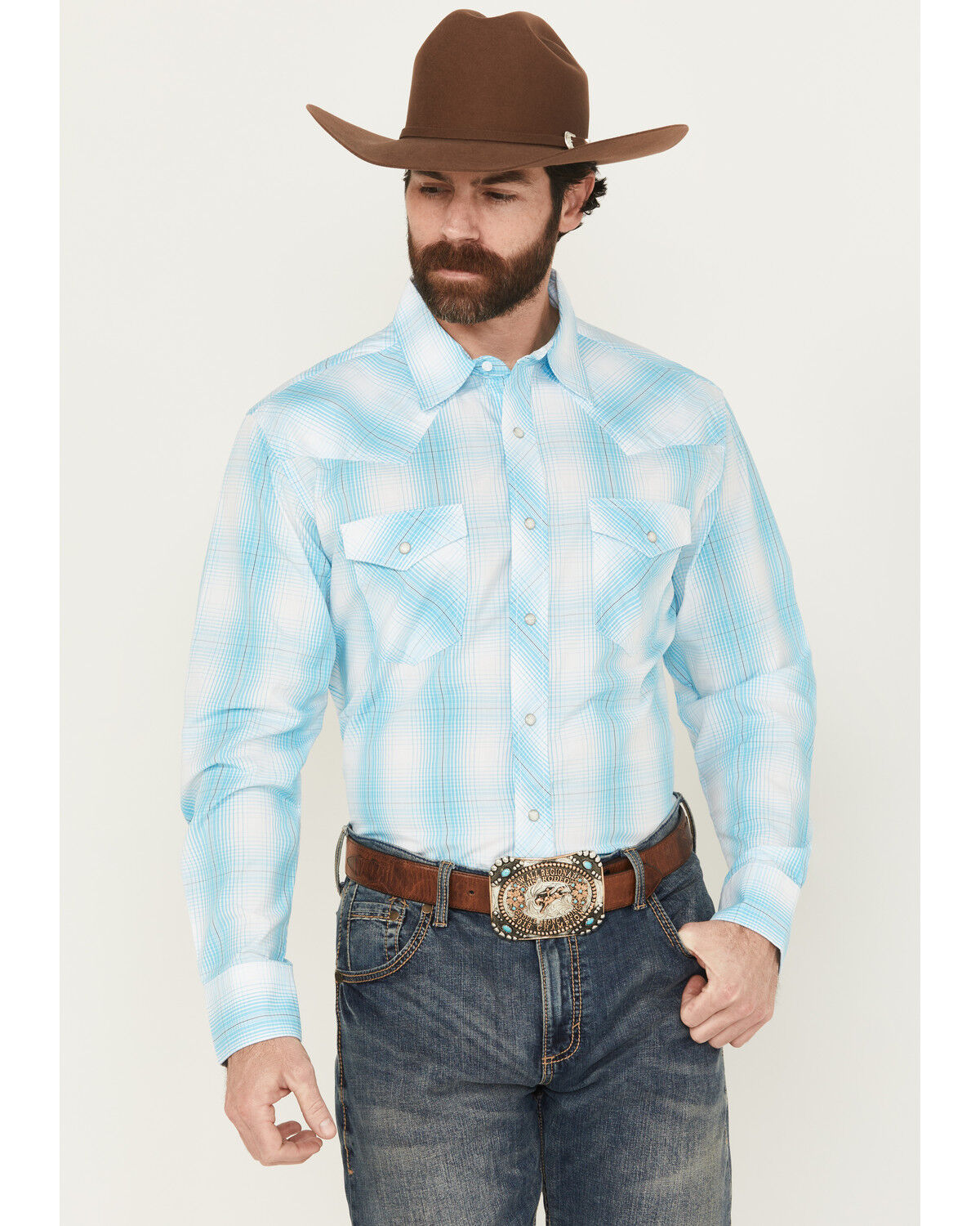 Men's Wrangler 20X Plaid Print Long Sleeve Snap Stretch Western Shirt