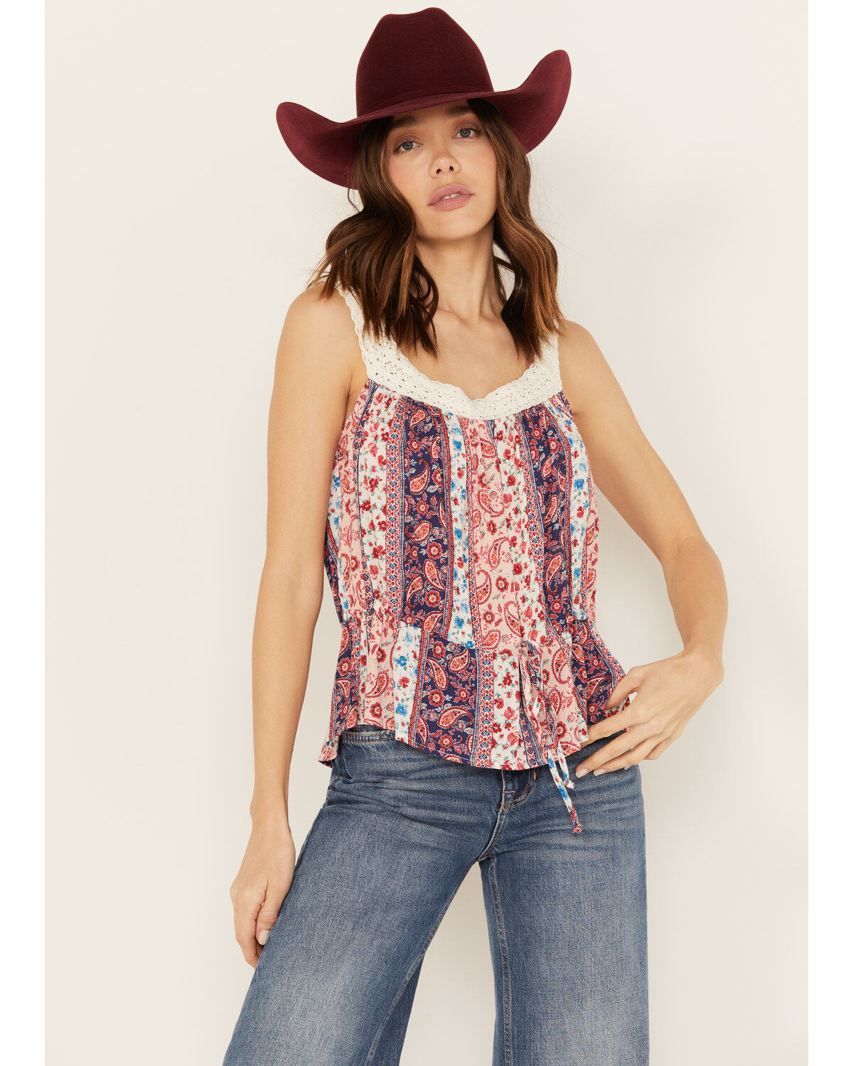 Women's Wild Moss Print Peplum Crochet Trim Top