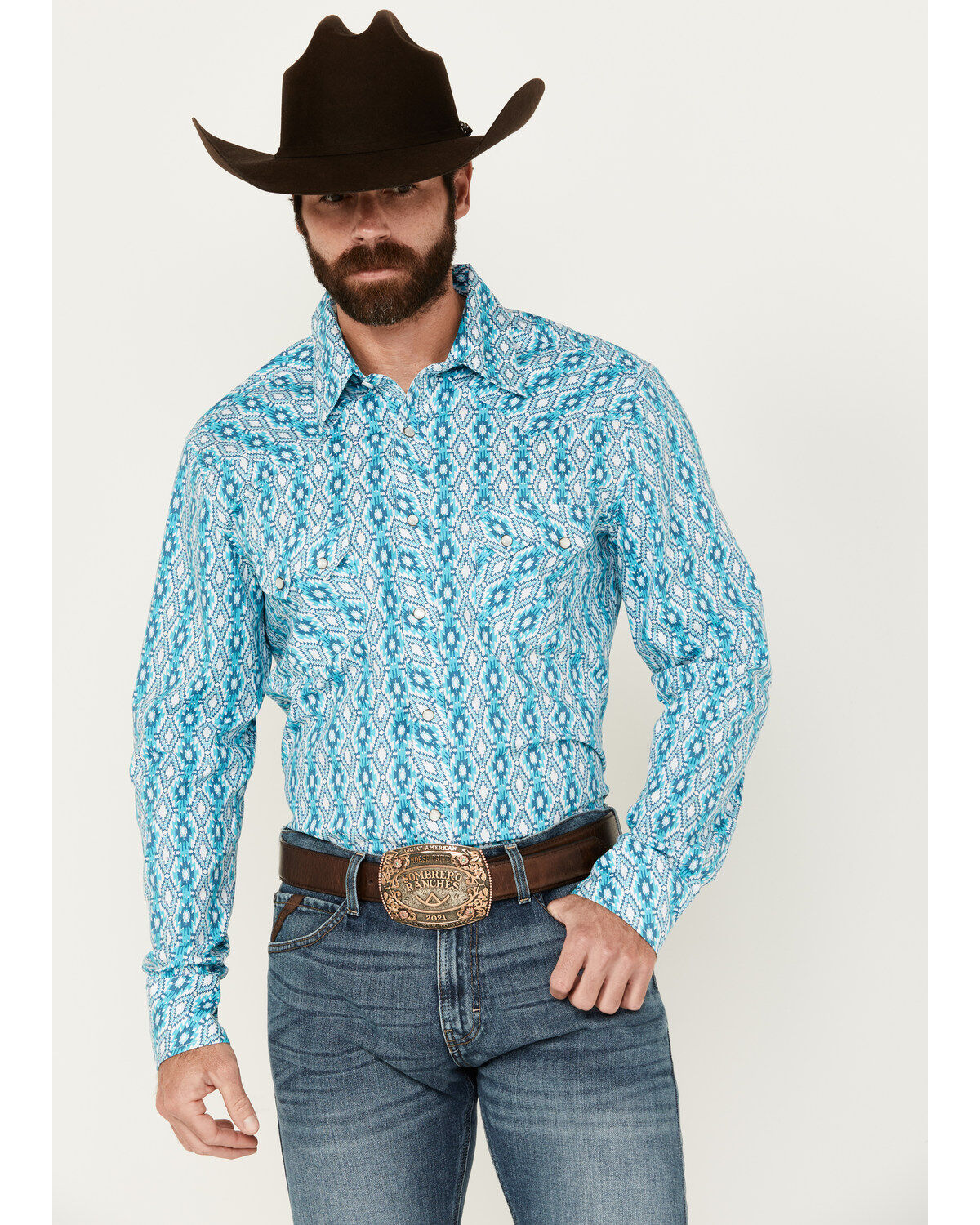 Men's Rock & Roll Denim Southwestern Print Long Sleeve Pearl Snap Stre
