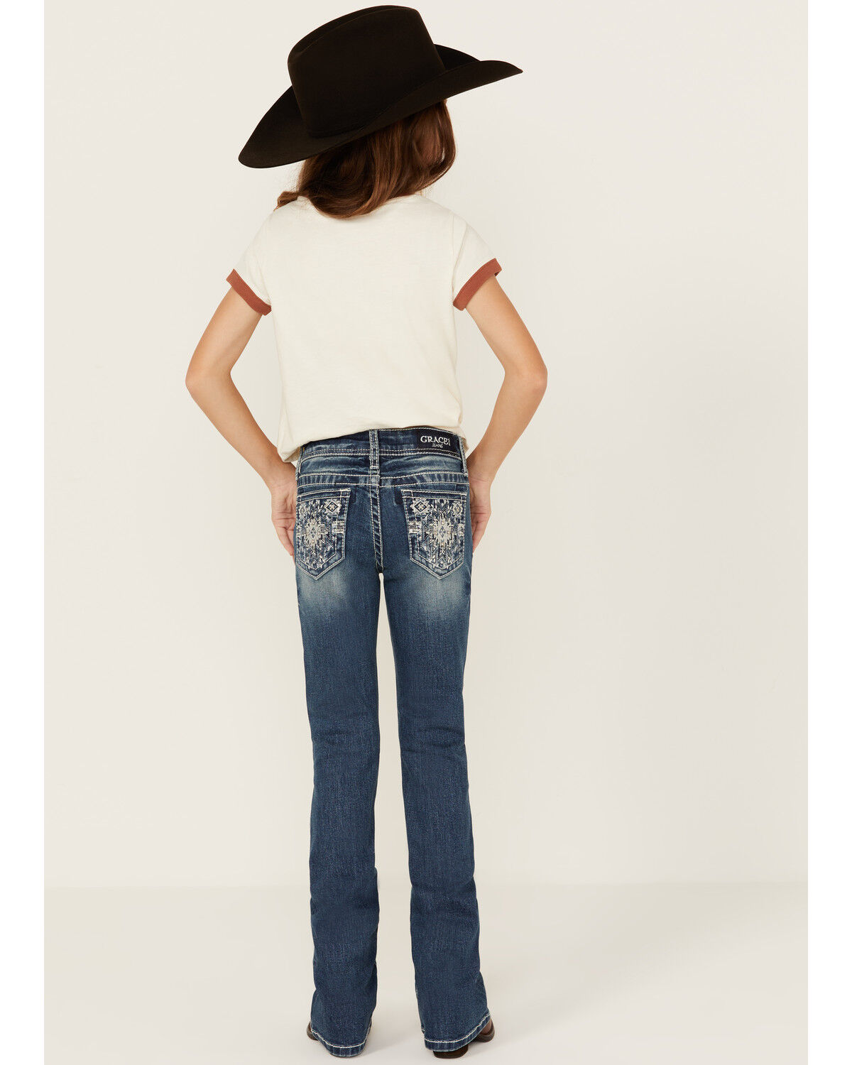 Girls' Grace in LA Dark Wash Geo Print Pocket Stretch Bootcut Jeans
