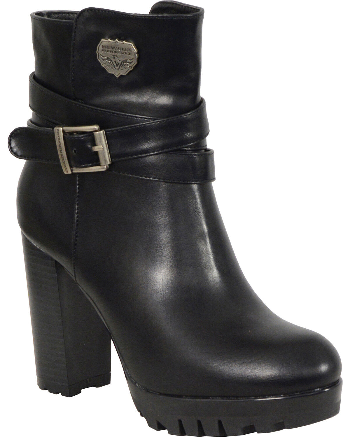 Women's Milwaukee Leather Black Double Strap Platform Heel Boots - Rou