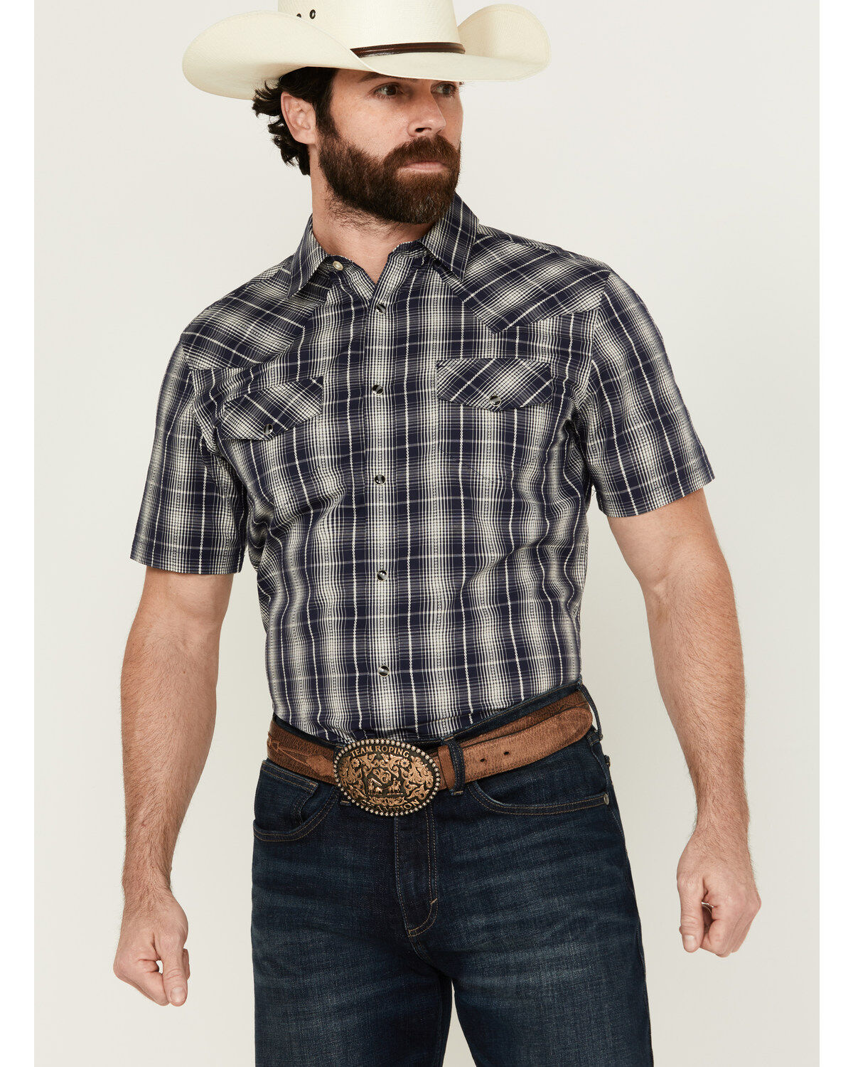 Men's Gibson Chain Link Plaid Print Short Sleeve Snap Western Shirt