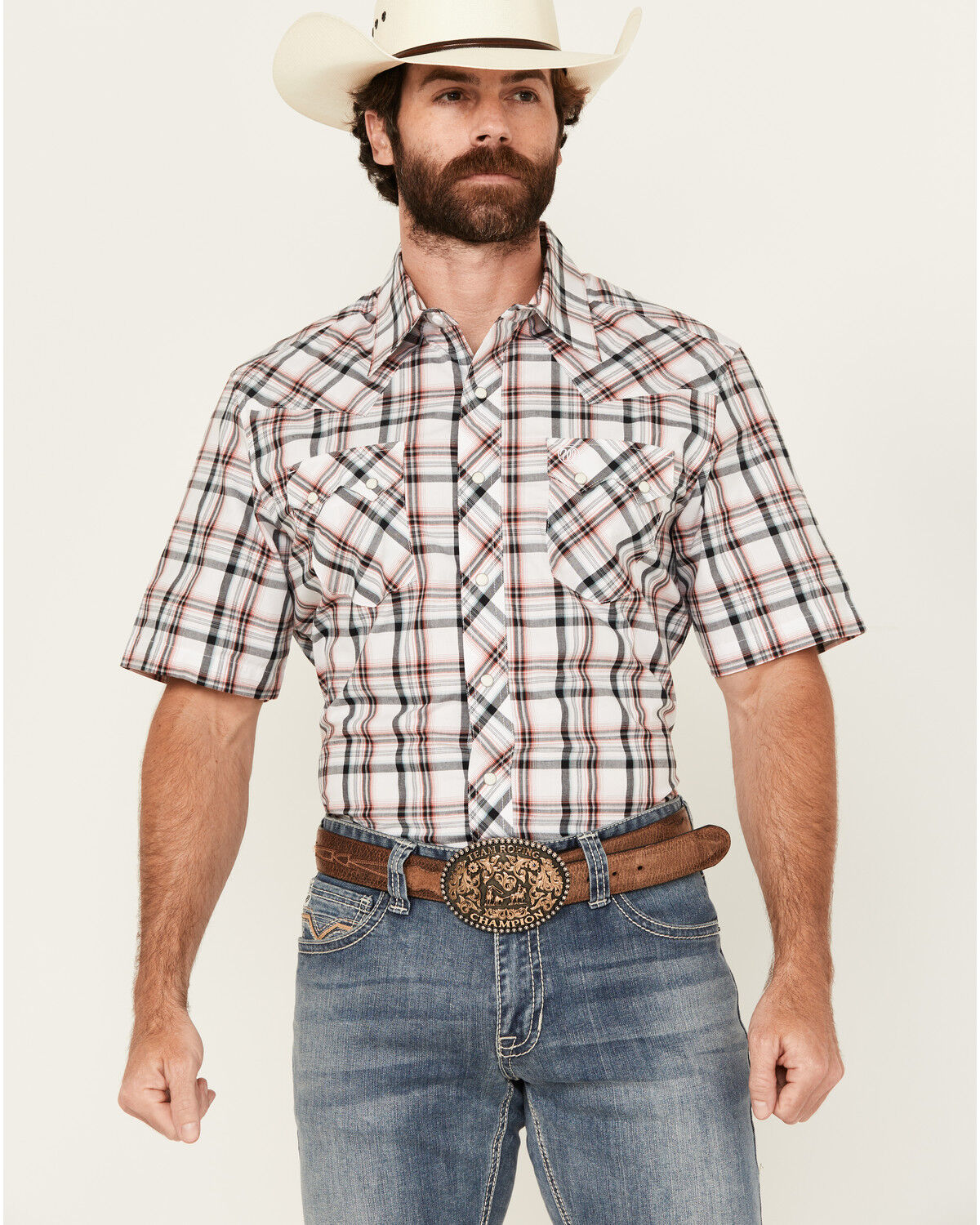 Men's Wrangler Retro Plaid Print Short Sleeve Snap Western Shirt
