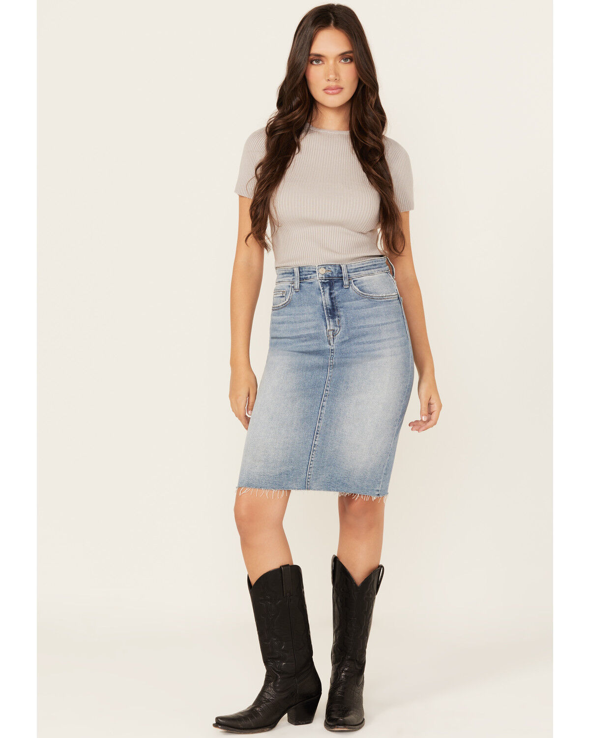 Women's Flying Monkey Raw Hem Medium Wash Denim Midi Skirt
