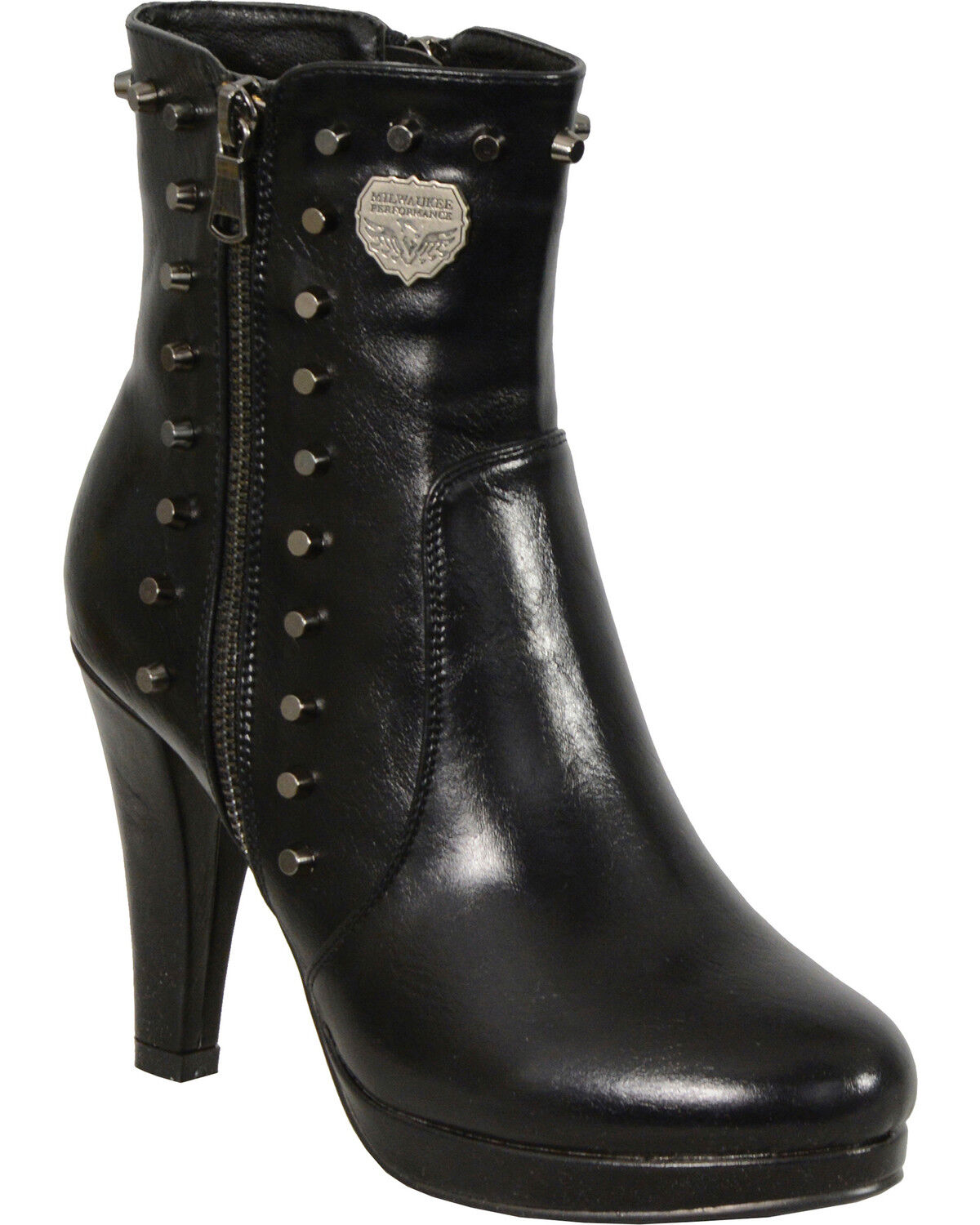 Women's Milwaukee Leather Spiked Side Zipper High Heel Boots - Round T