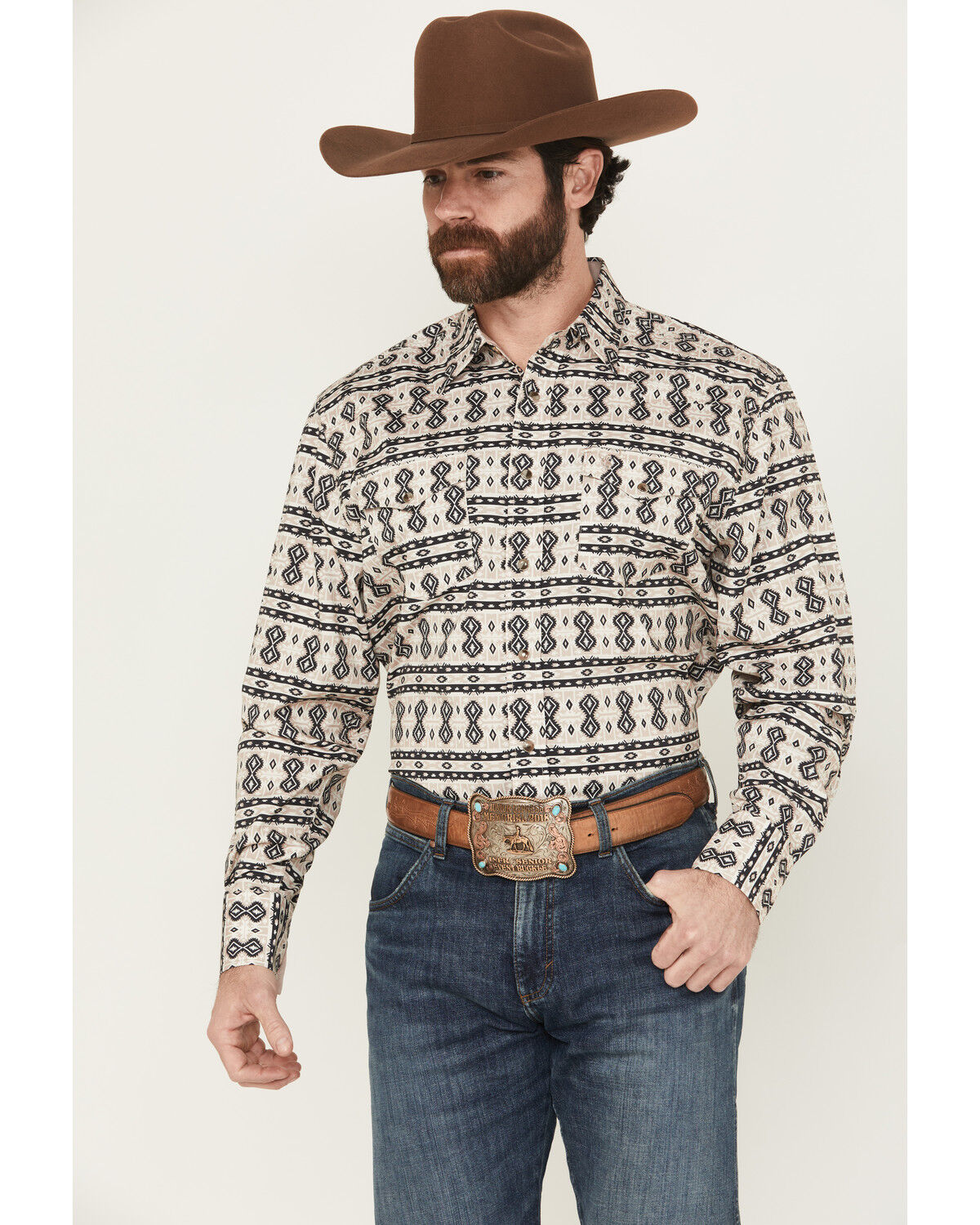 Men's Rodeo Clothing Southwestern Print Long Sleeve Snap Western Shirt