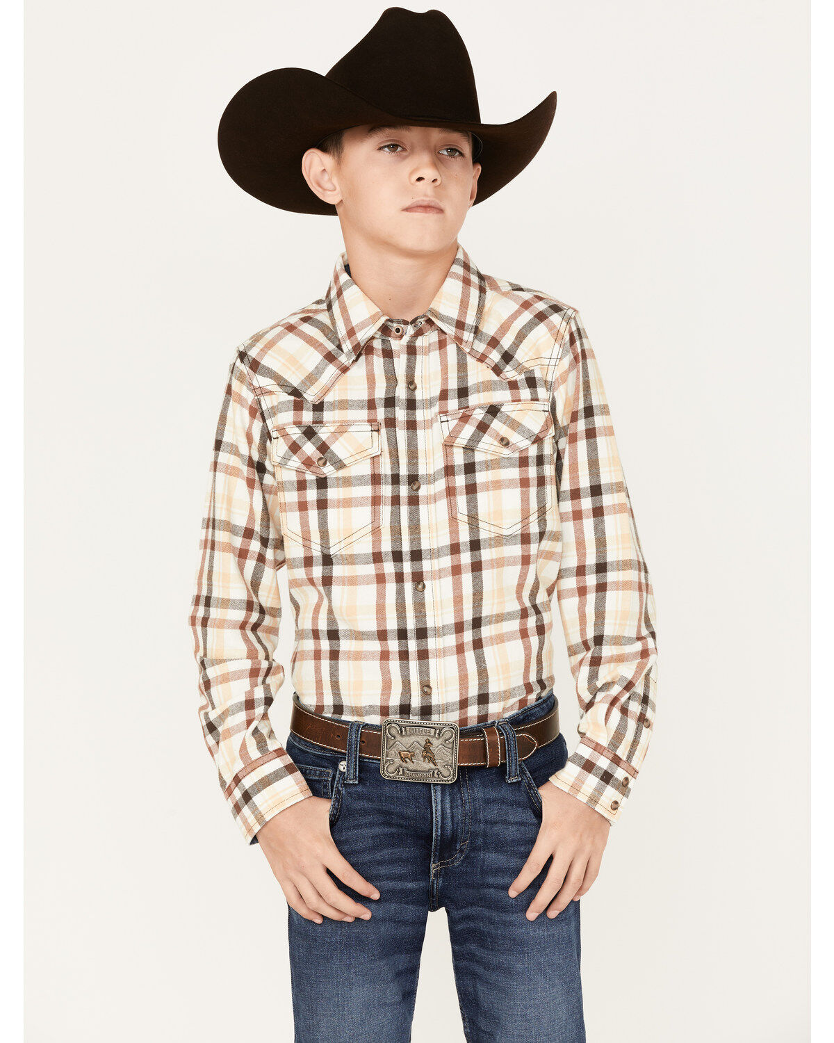 Boys' Cody James Plaid Print Long Sleeve Western Snap Flannel Shirt