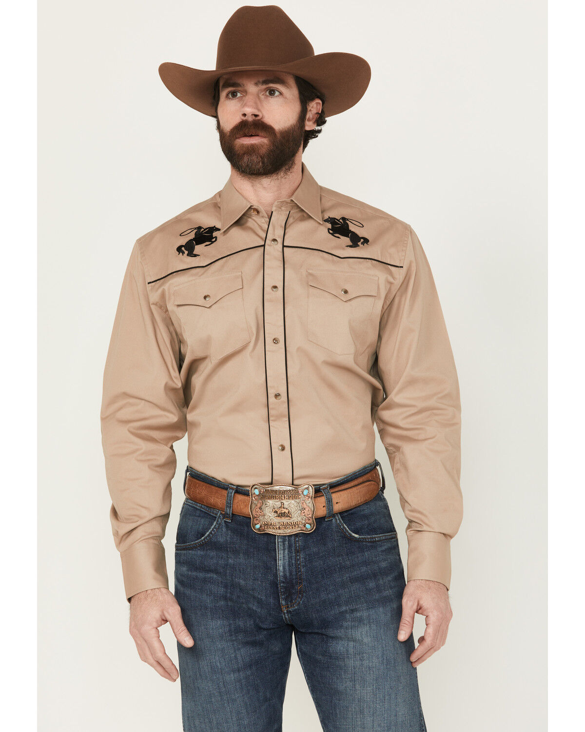 Men's Rodeo Clothing Solid Embroidered Long Sleeve Snap Western Shirt