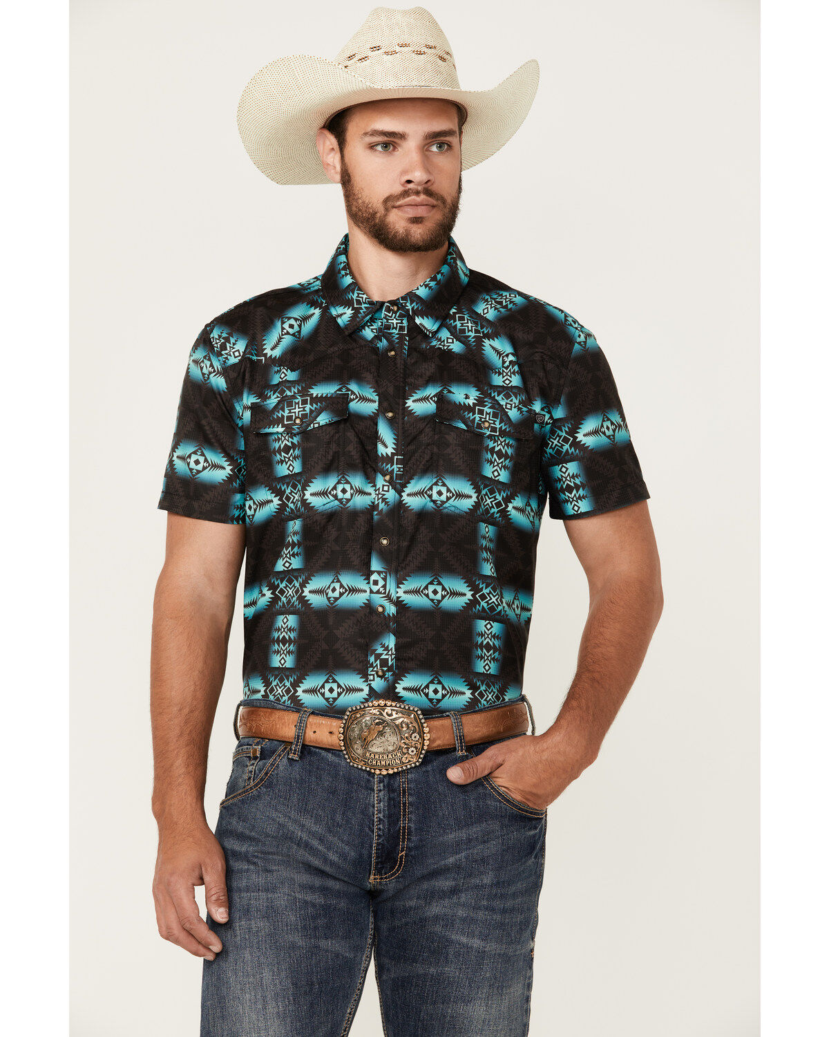 Men's Rock & Roll Denim Tek Southwestern Print Short Sleeve Pearl Snap