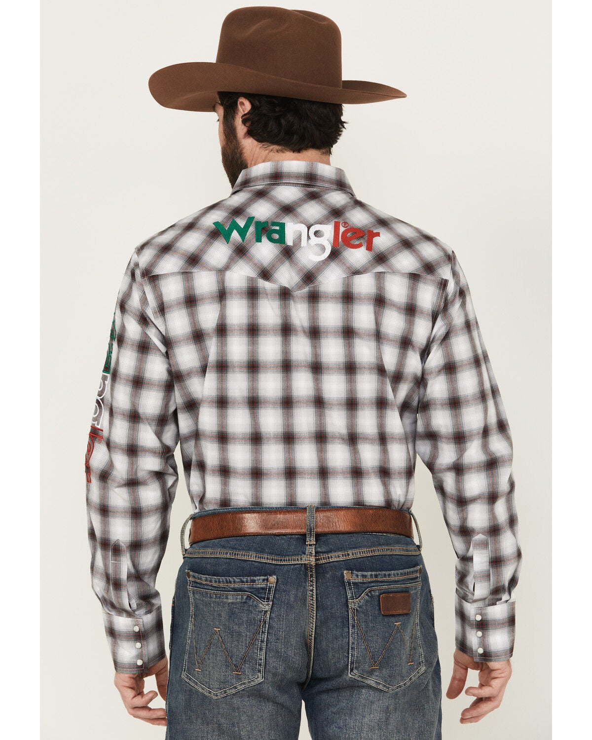 Men's Wrangler Plaid Print Logo Long Sleeve Snap Western Shirt