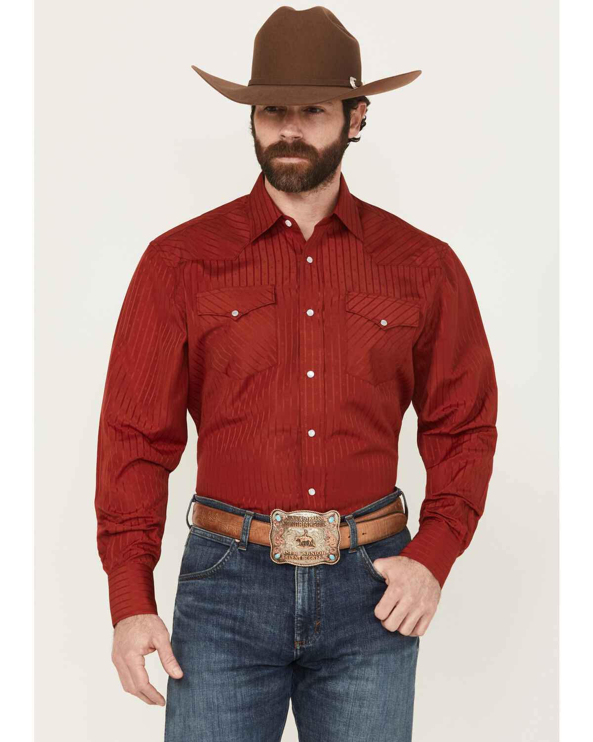 Men's Rodeo Clothing Tonal Striped Long Sleeve Pearl Snap Western Shir