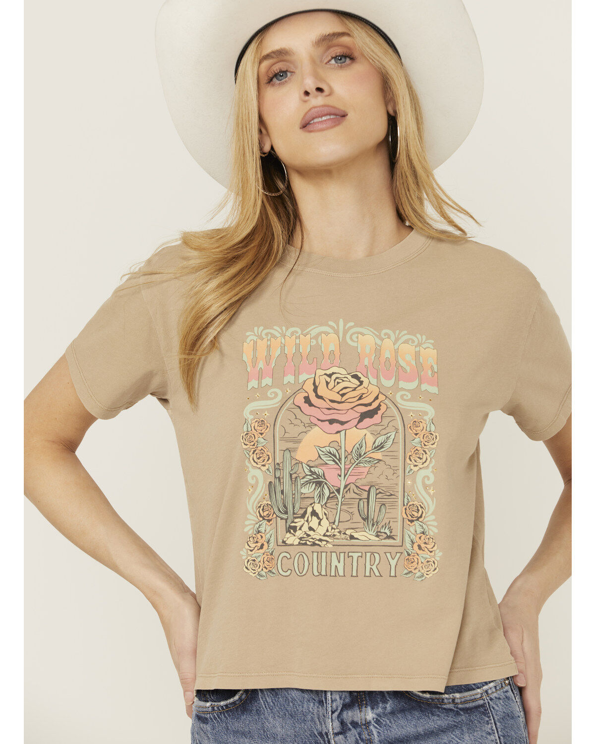 Women's White Crow Wild Rose Rhinestone Short Sleeve Graphic Tee