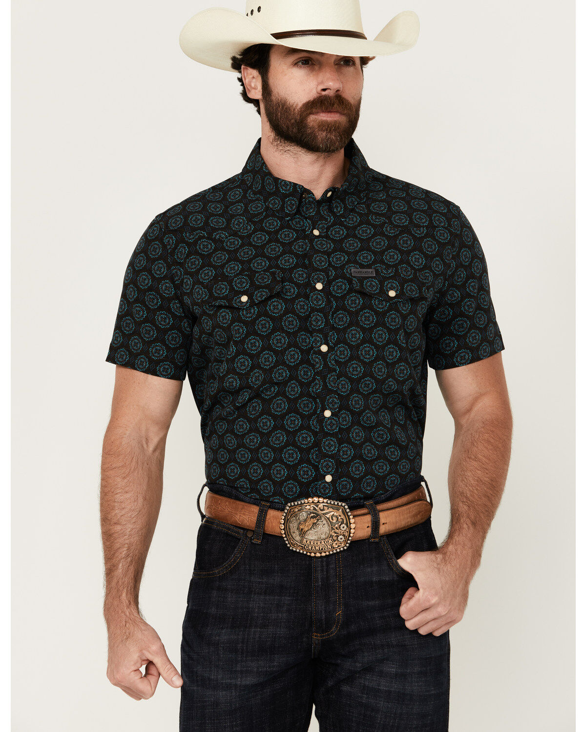 Men's Panhandle Medallion Print Short Sleeve Snap Stretch Western Shir