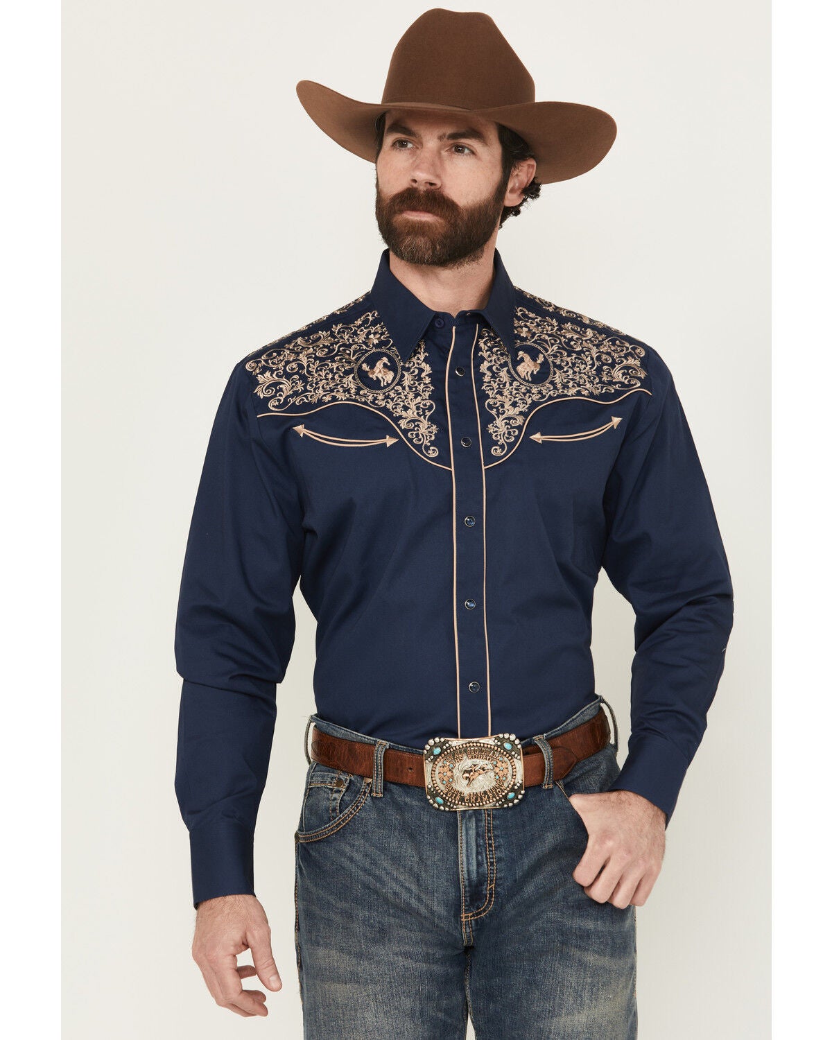 Men's Rodeo Clothing Embroidered Long Sleeve Pearl Snap Western Shirt