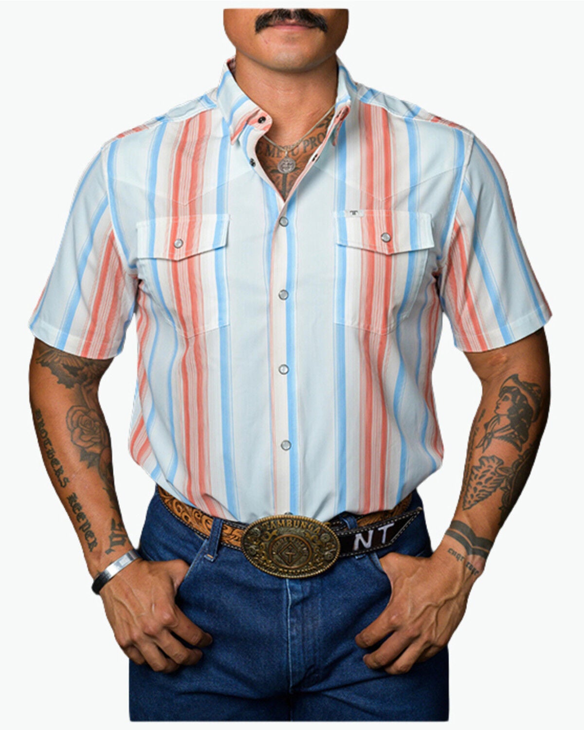 Men's Ferrell Tek Harrison Striped Print Short Sleeve Snap Performance