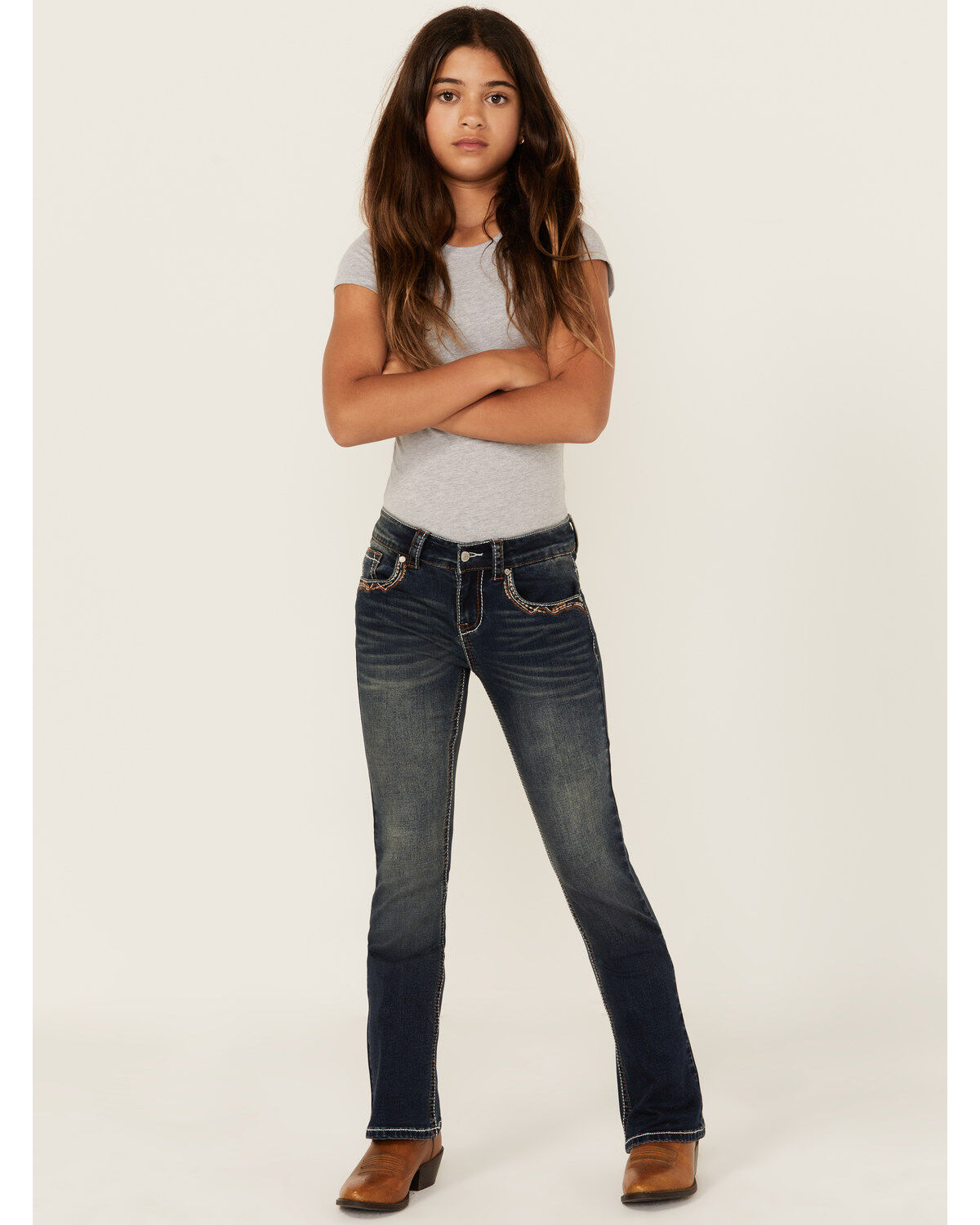 Girls' Shyanne Medium Wash Cowhide Pocket Bootcut Stretch Denim Jeans