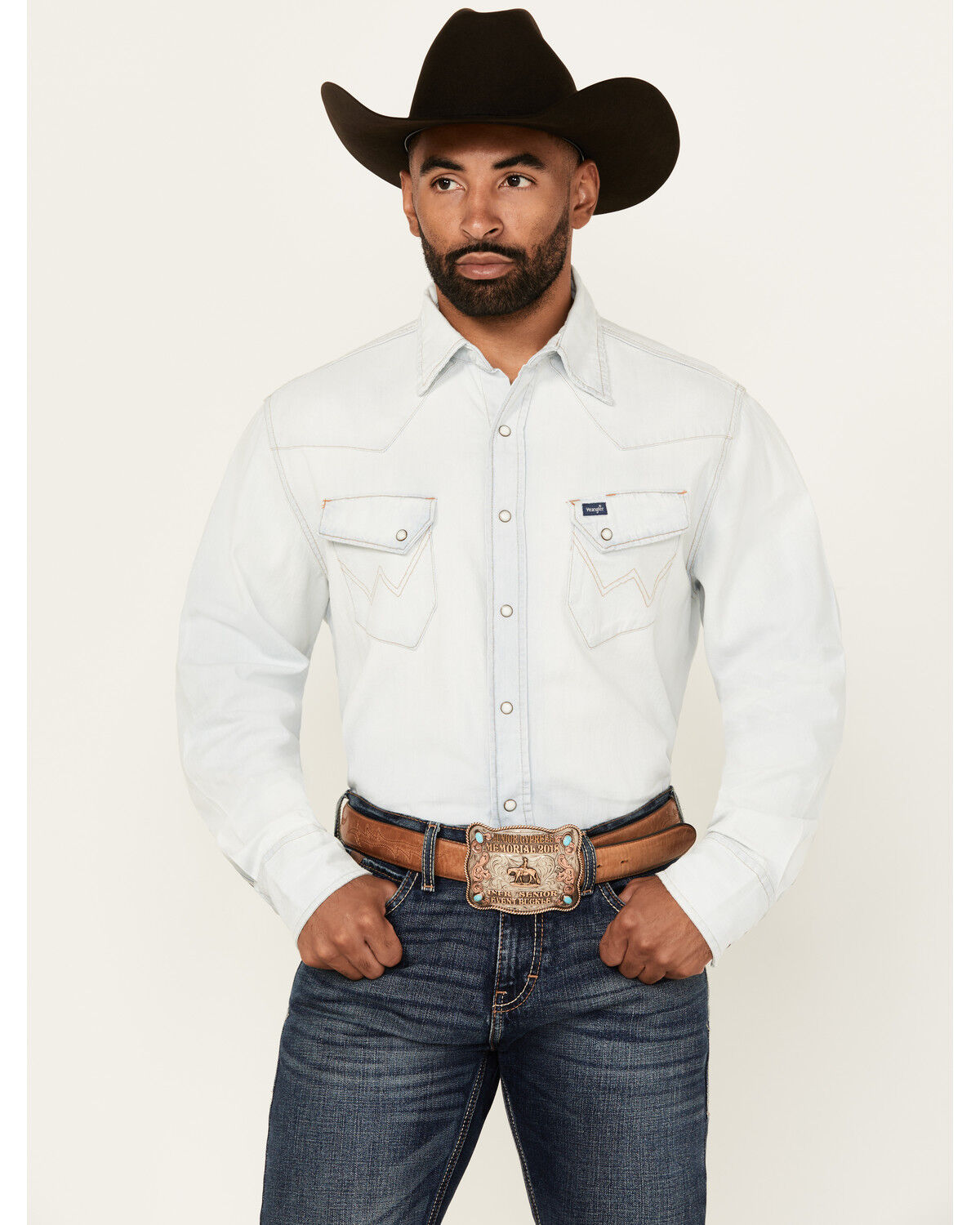 Men's Wrangler Light Wash Vintage Solid Long Sleeve Snap Western Shirt