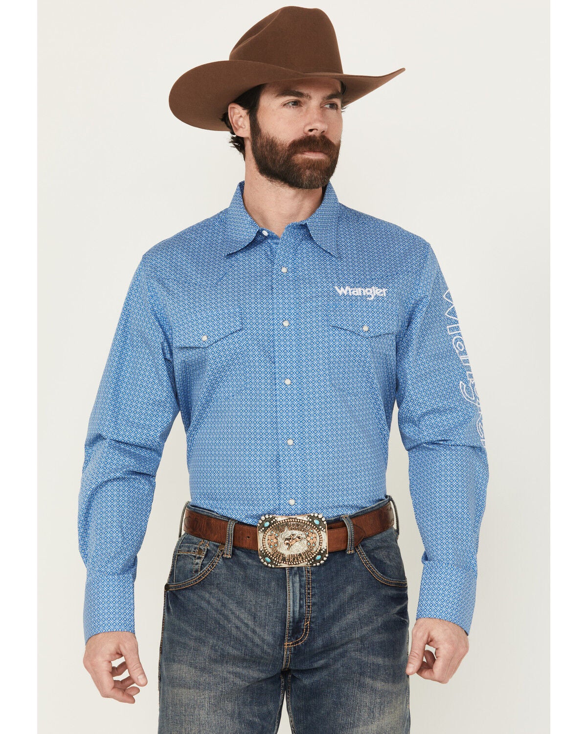 Men's Wrangler Geo Print Logo Long Sleeve Snap Western Shirt
