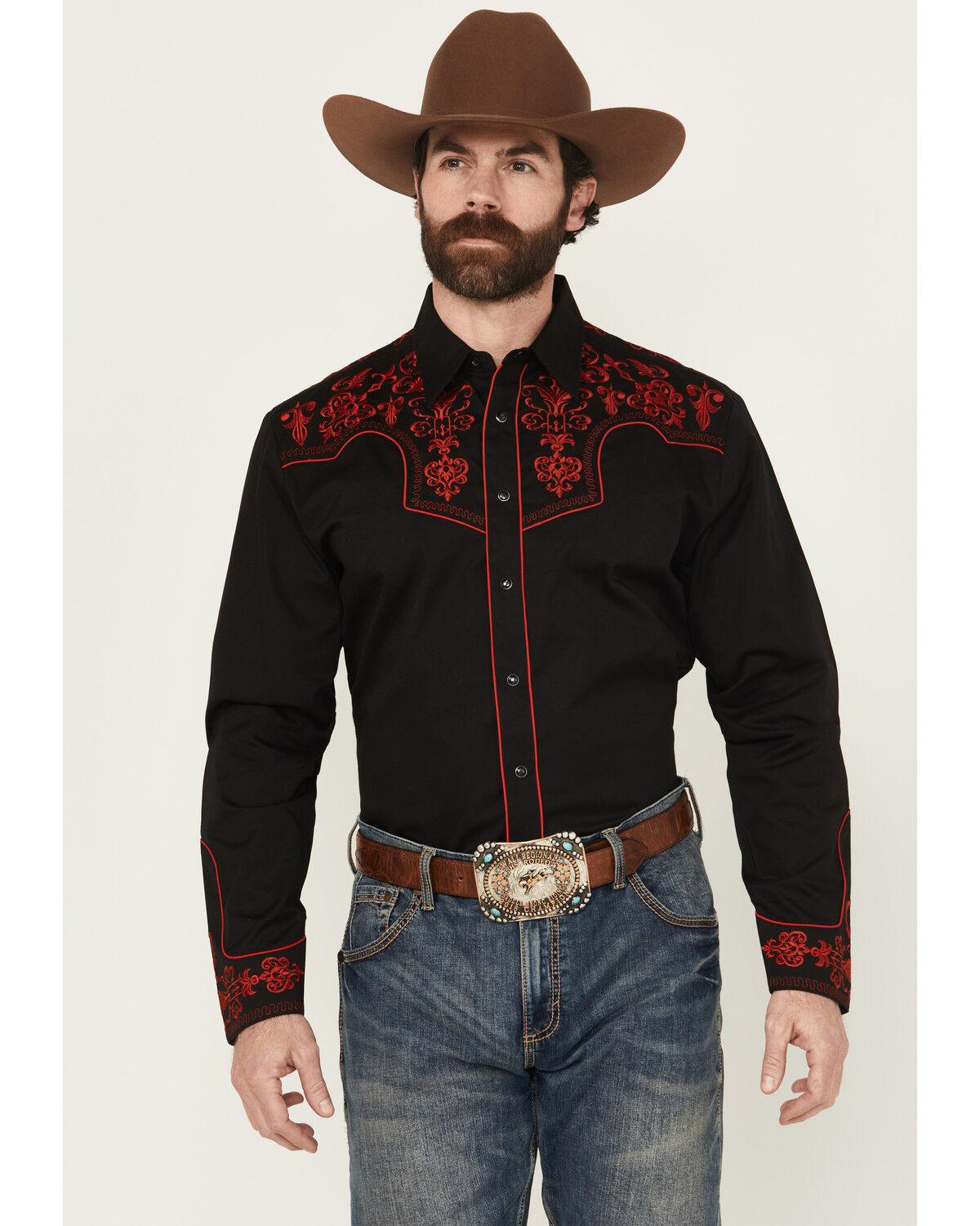 Men's Rodeo Clothing Embroidered Long Sleeve Snap Western Shirt