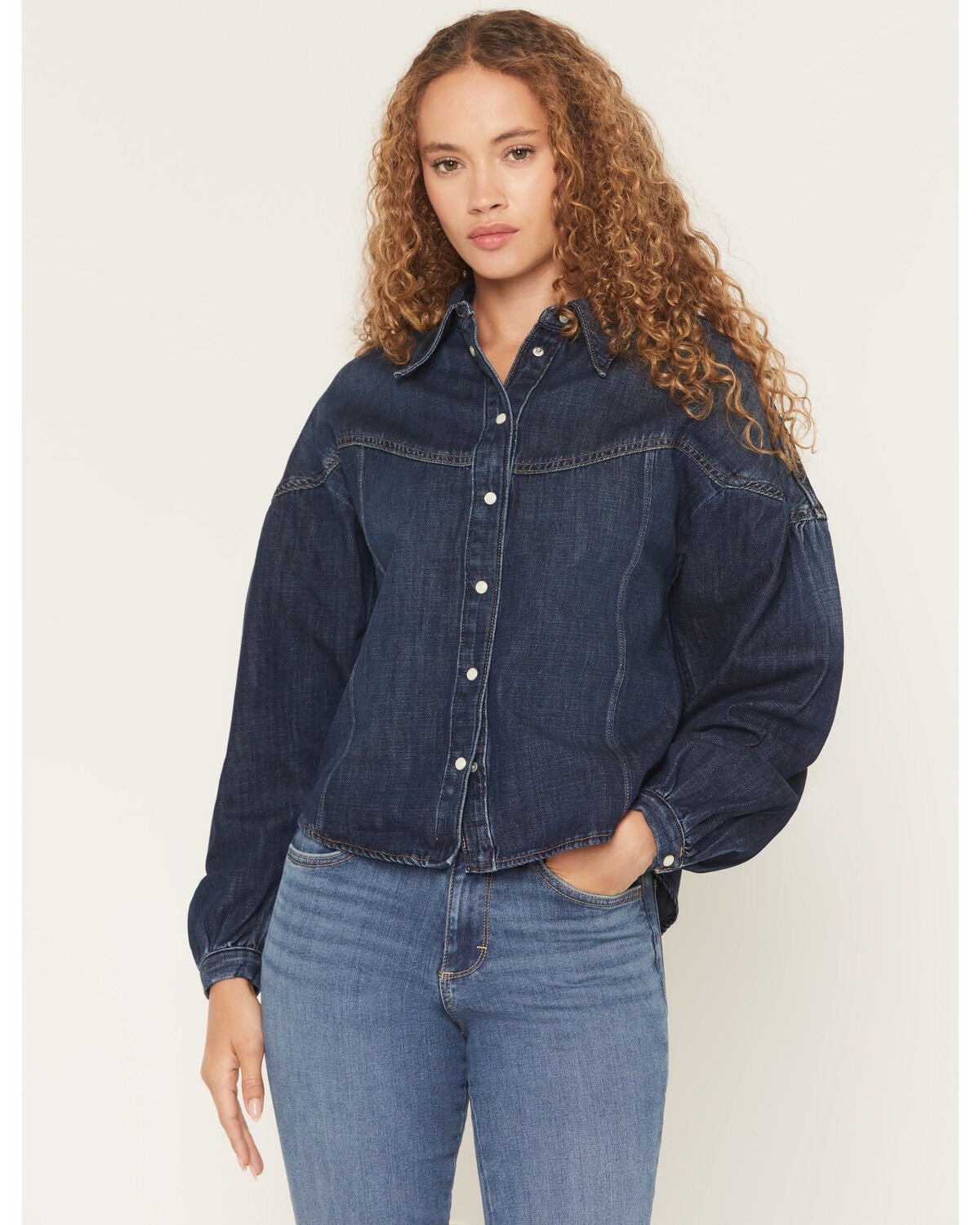 Women's Wrangler Dark Wash Pintuck Long Sleeve Snap Denim Shirt